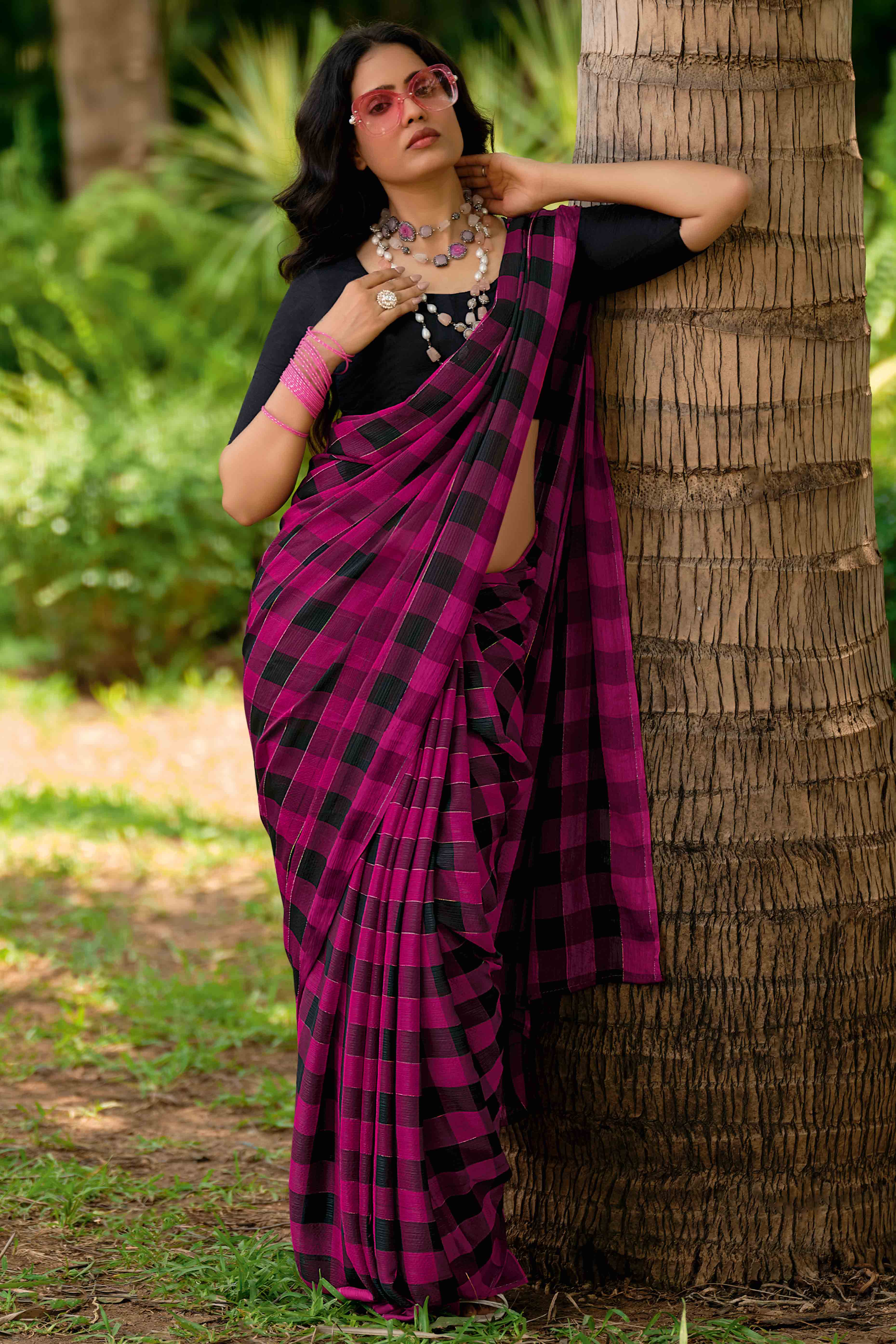 Magenta With Intricate Black Weaving Checks Georgette Saree