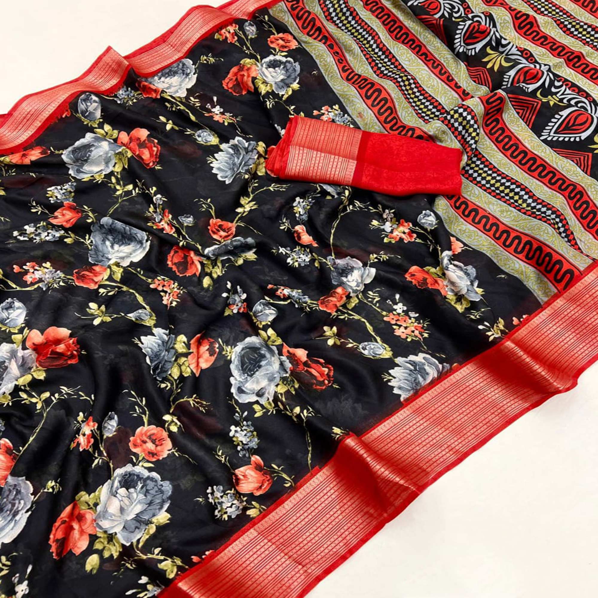 Black & Red Floral Printed Moss Georgette Saree With Woven Border