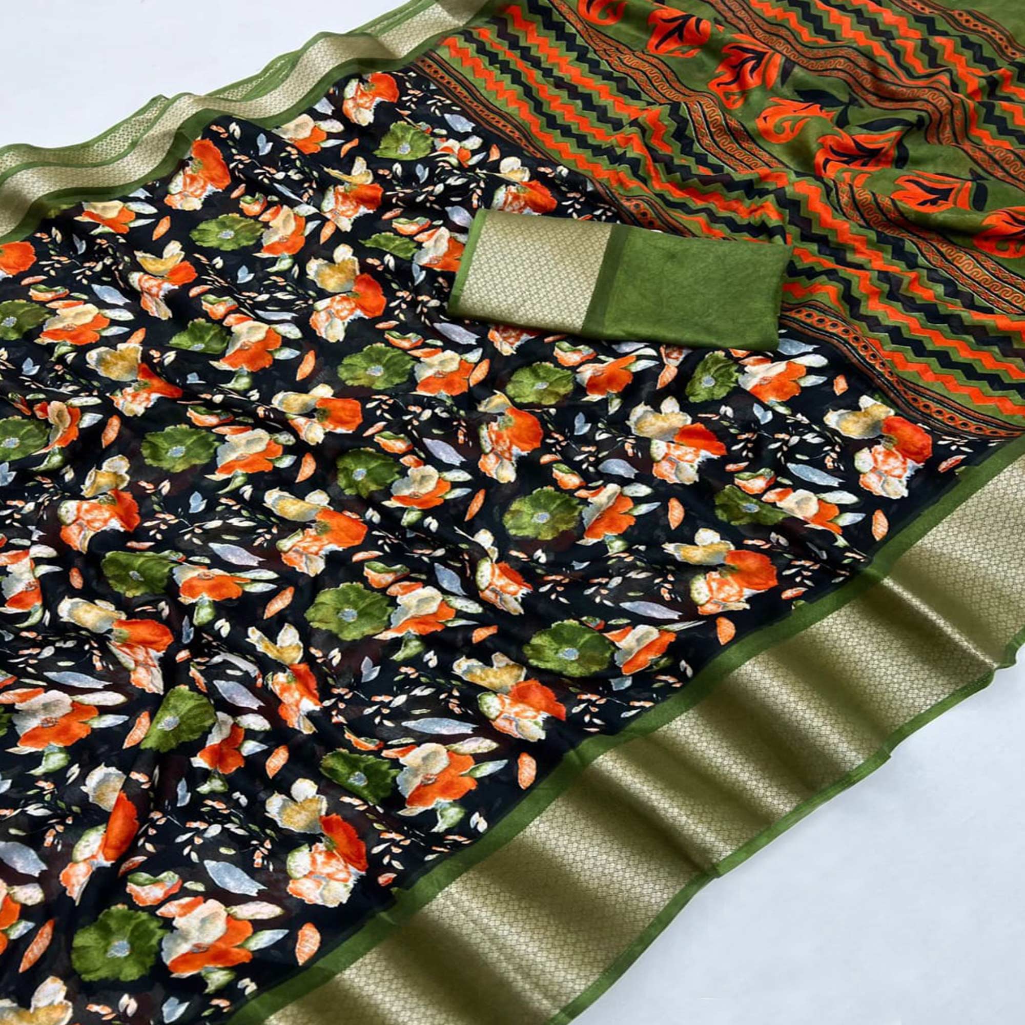 Black & Mehendi Green Floral Printed Moss Georgette Saree With Woven Border