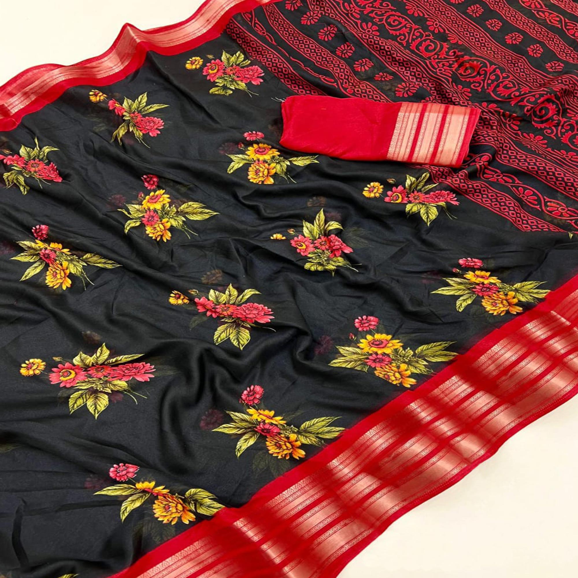 Black & Red Floral Printed Moss Georgette Saree With Woven Border