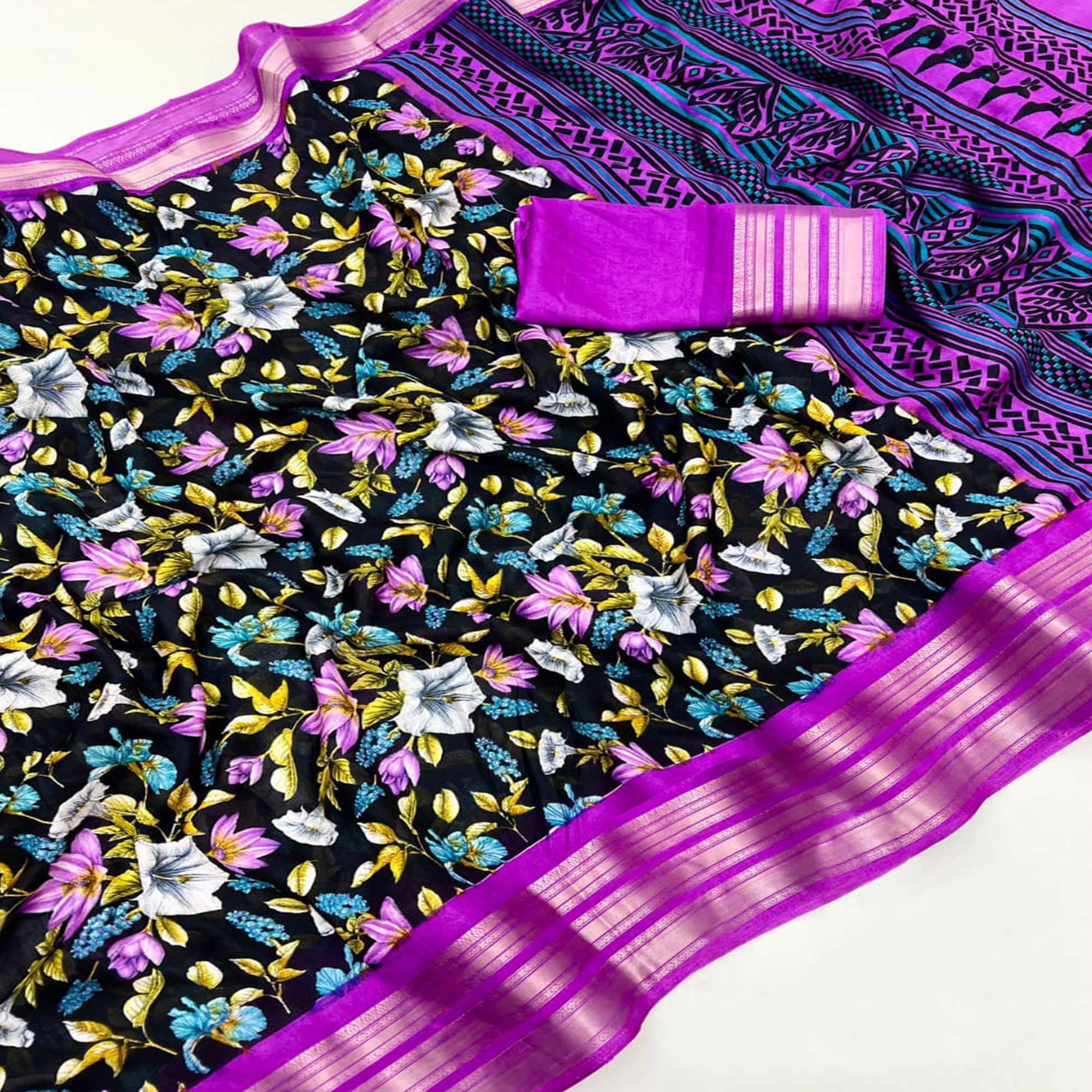 Black & Purple Floral Printed Moss Georgette Saree With Woven Border