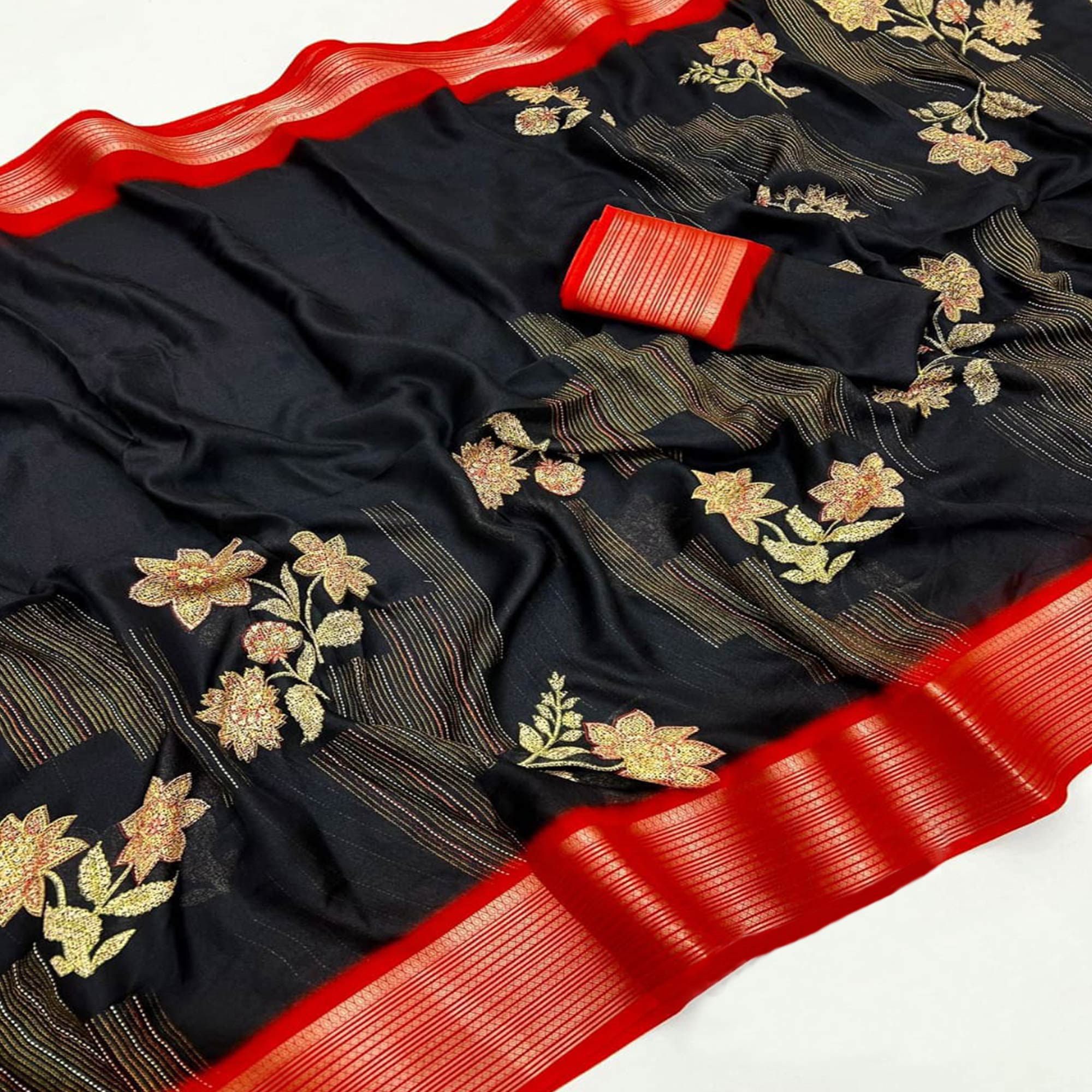 Black & Red Floral Printed Moss Georgette Saree With Woven Border