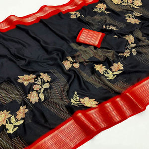 Black & Red Floral Printed Moss Georgette Saree With Woven Border