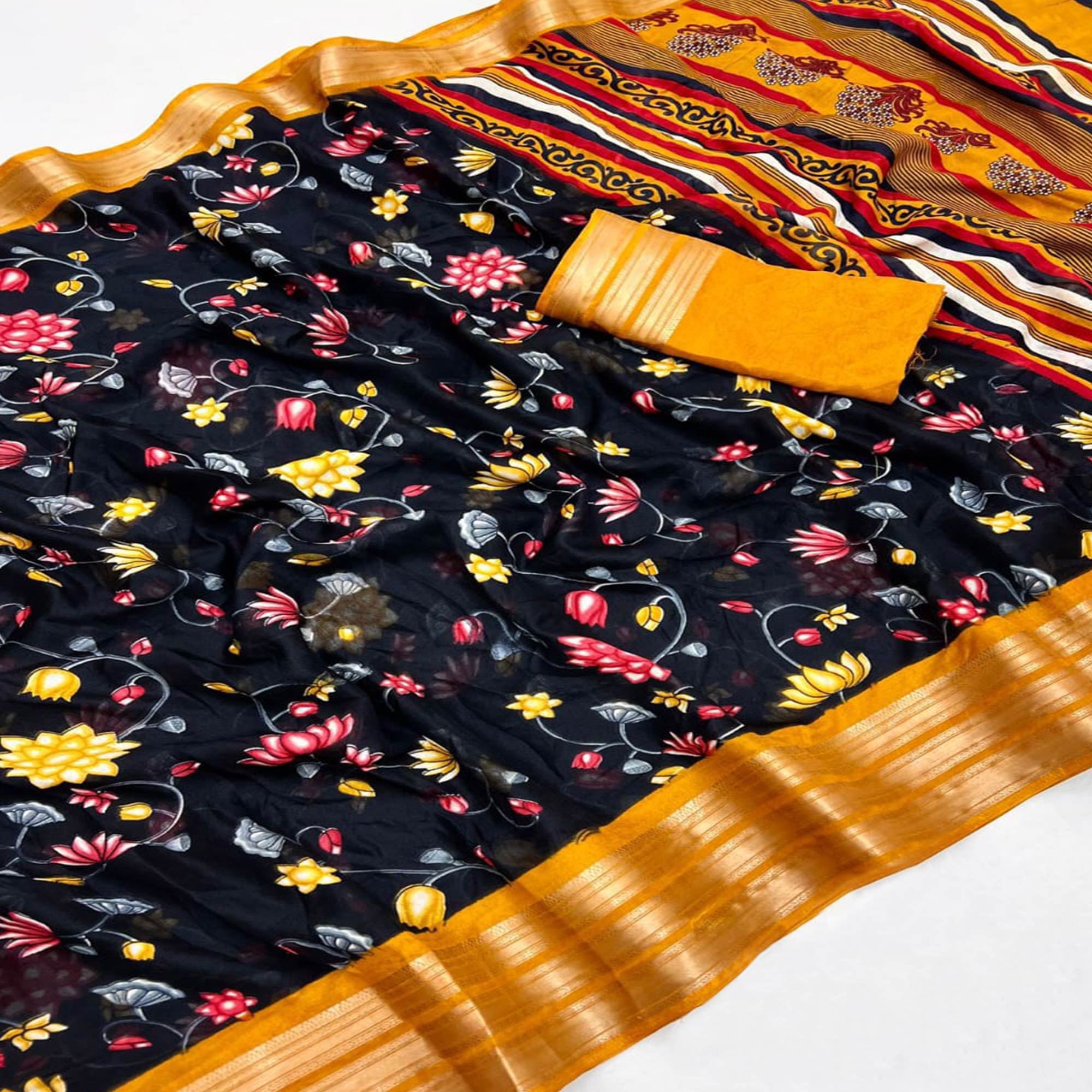 Black & Mustard Floral Printed Moss Georgette Saree With Woven Border