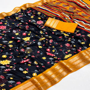 Black & Mustard Floral Printed Moss Georgette Saree With Woven Border