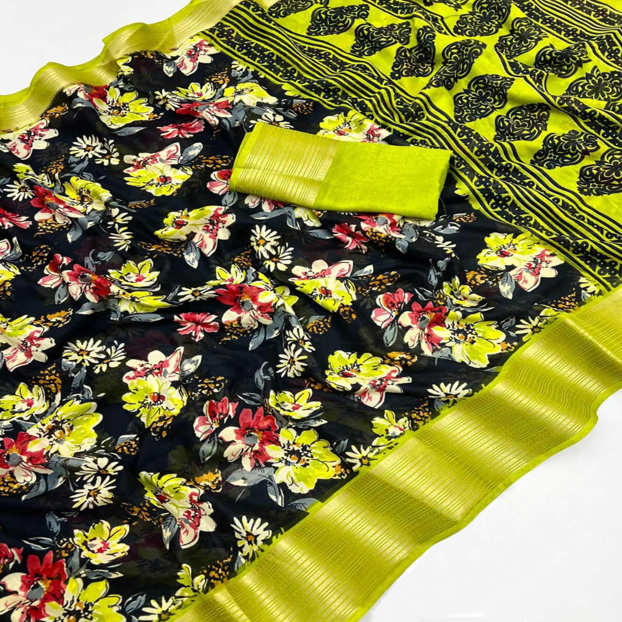 Black & Green Floral Printed Moss Georgette Saree With Woven Border