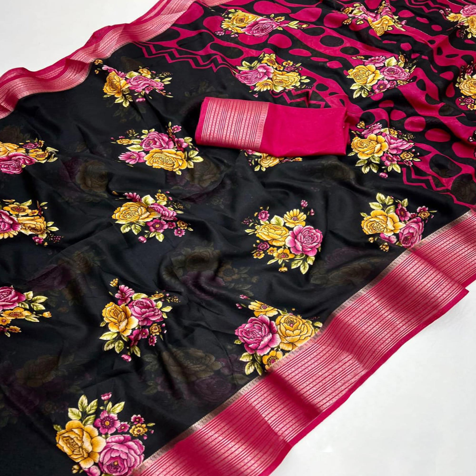Black & Pink Floral Printed Moss Georgette Saree With Woven Border