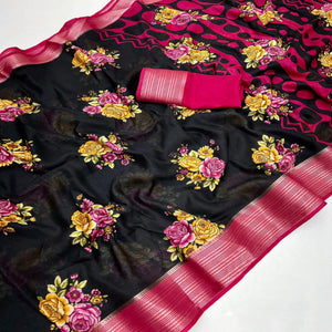 Black & Pink Floral Printed Moss Georgette Saree With Woven Border