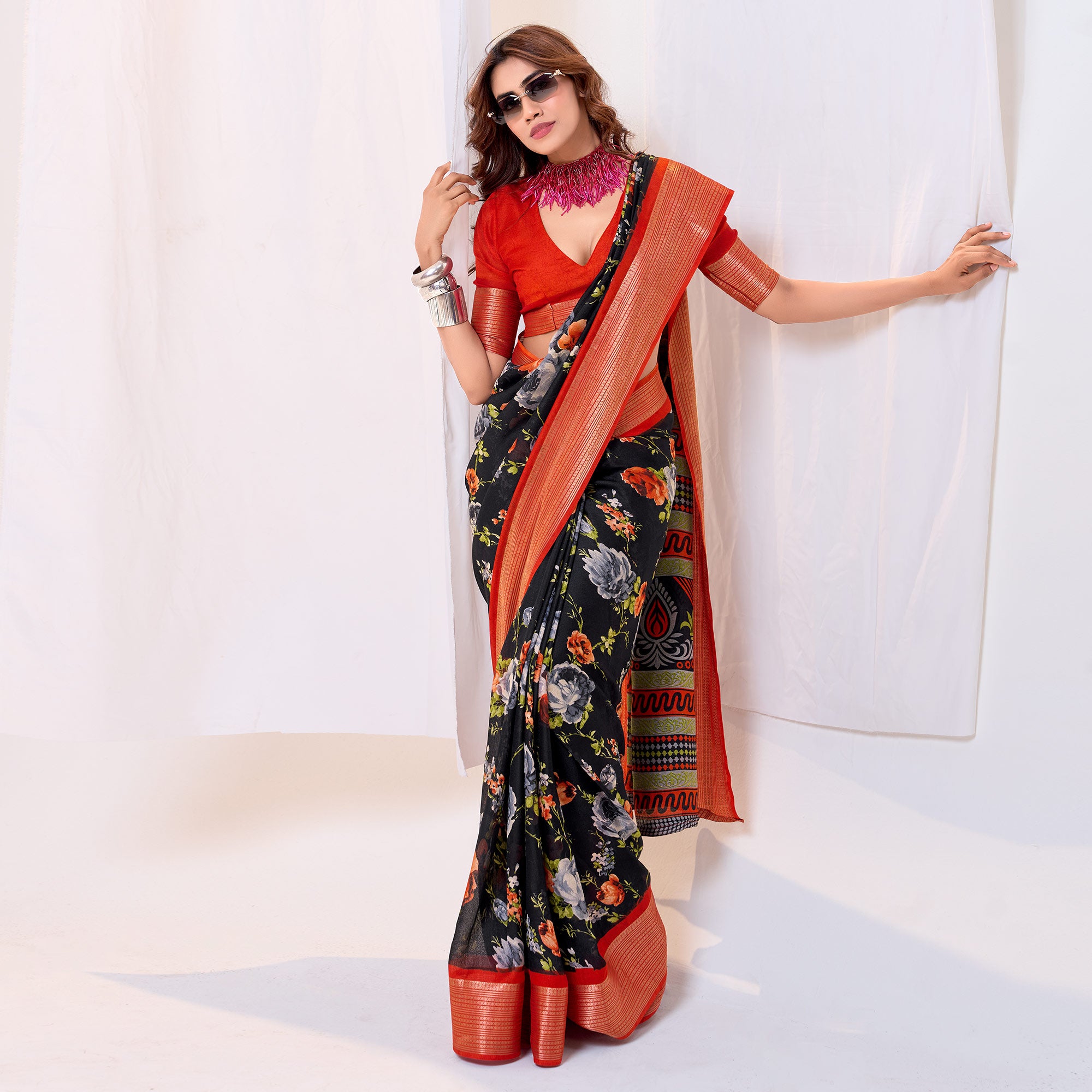 Black & Red Floral Printed Cotton Blend Saree With Woven Border