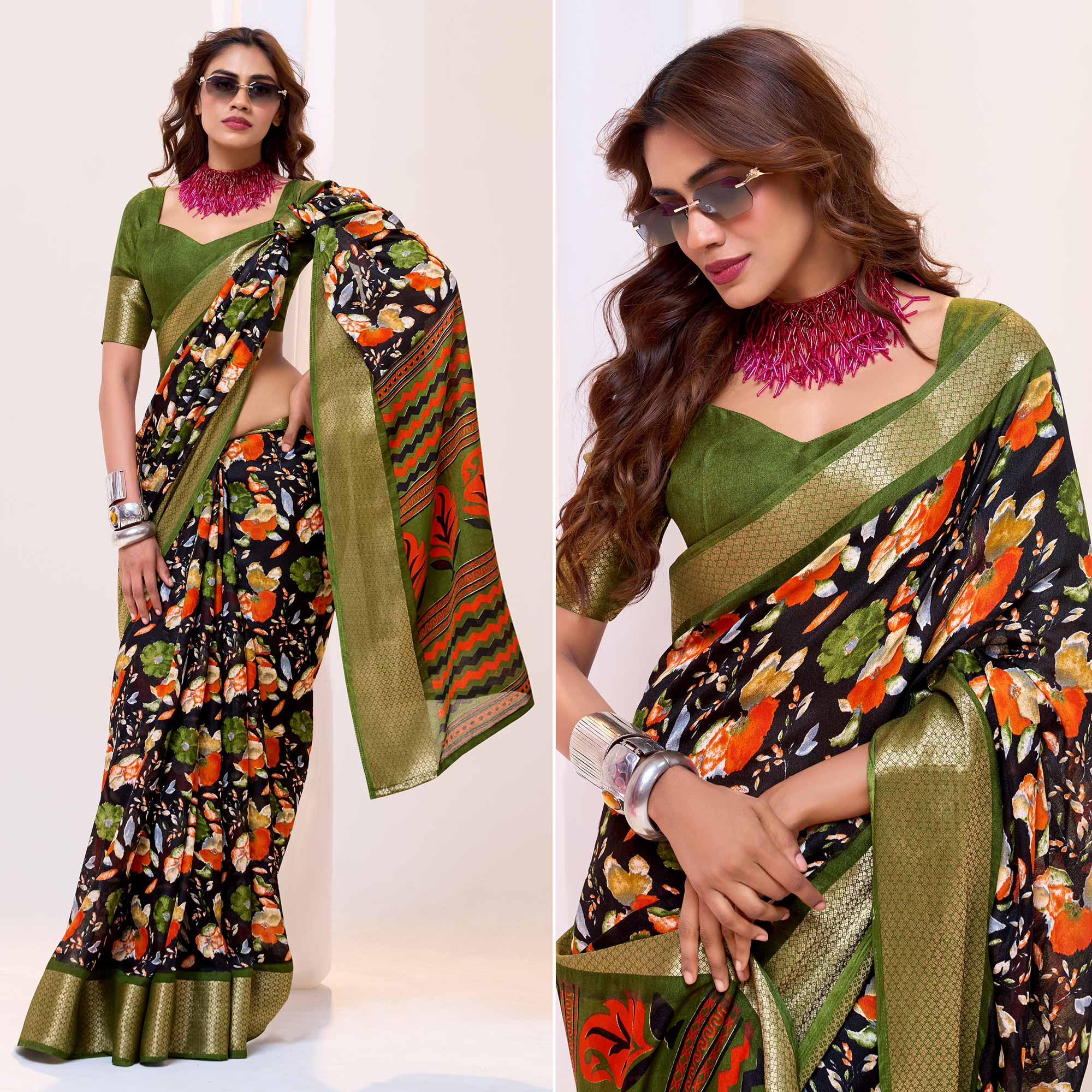 Black & Green Floral Printed Cotton Blend Saree With Woven Border