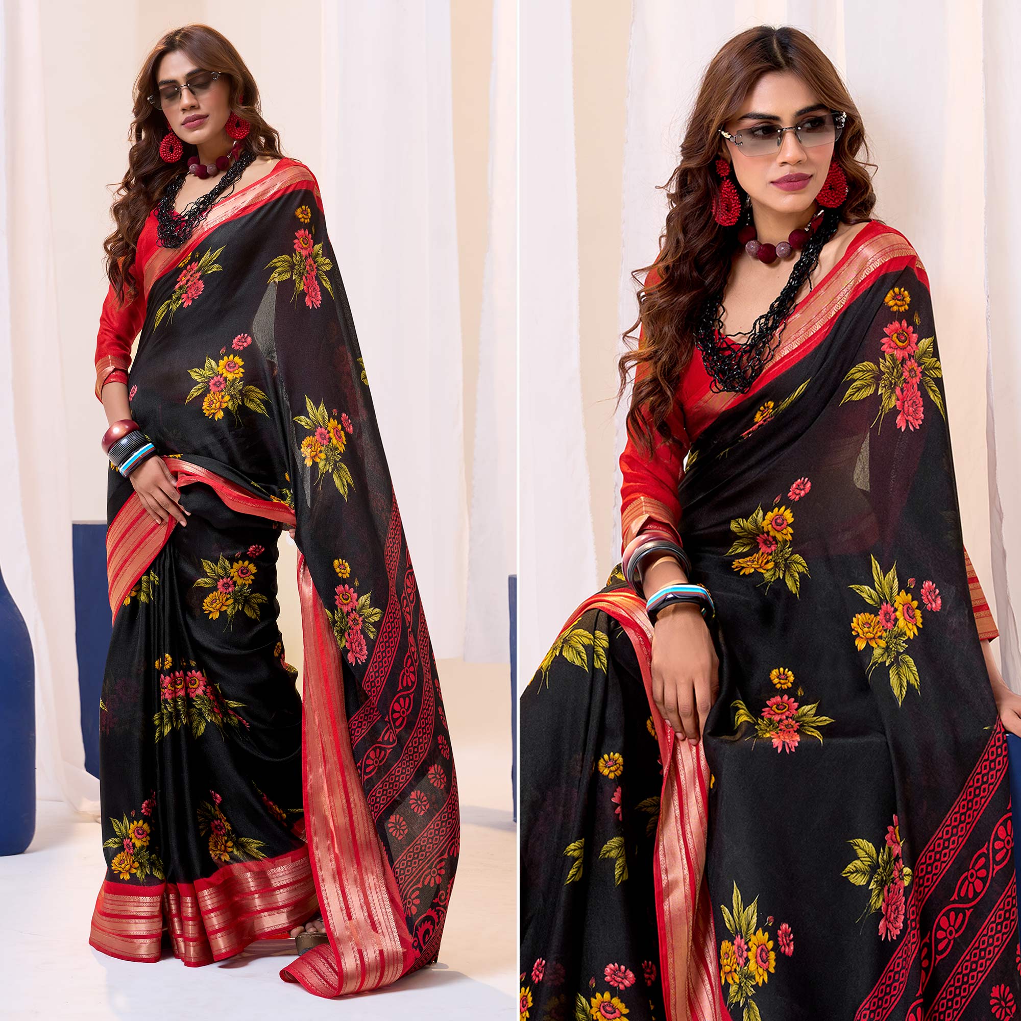 Black & Red Floral Printed Cotton Blend Saree With Woven Border