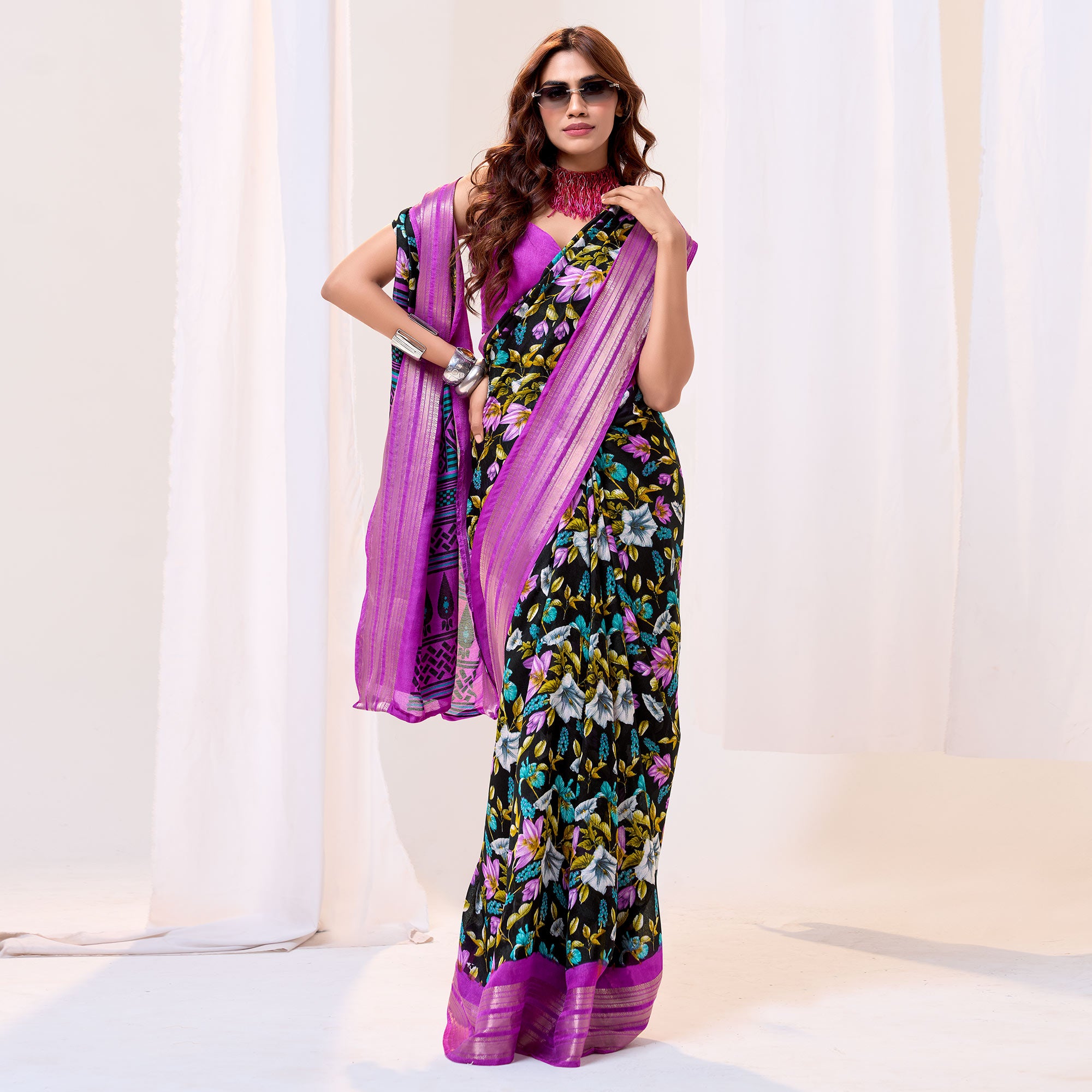 Black & Purple Floral Printed Cotton Blend Saree With Woven Border