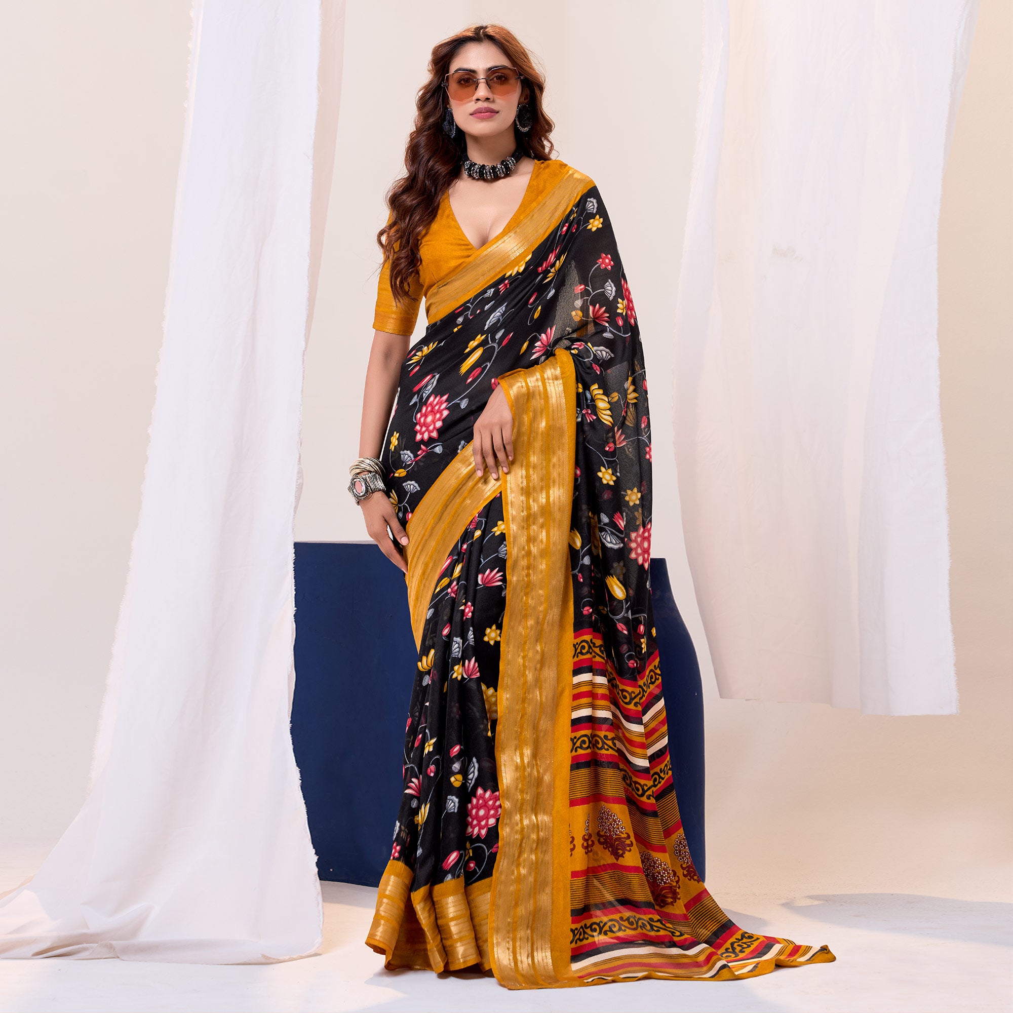 Black & Mustard Floral Printed Cotton Blend Saree With Woven Border