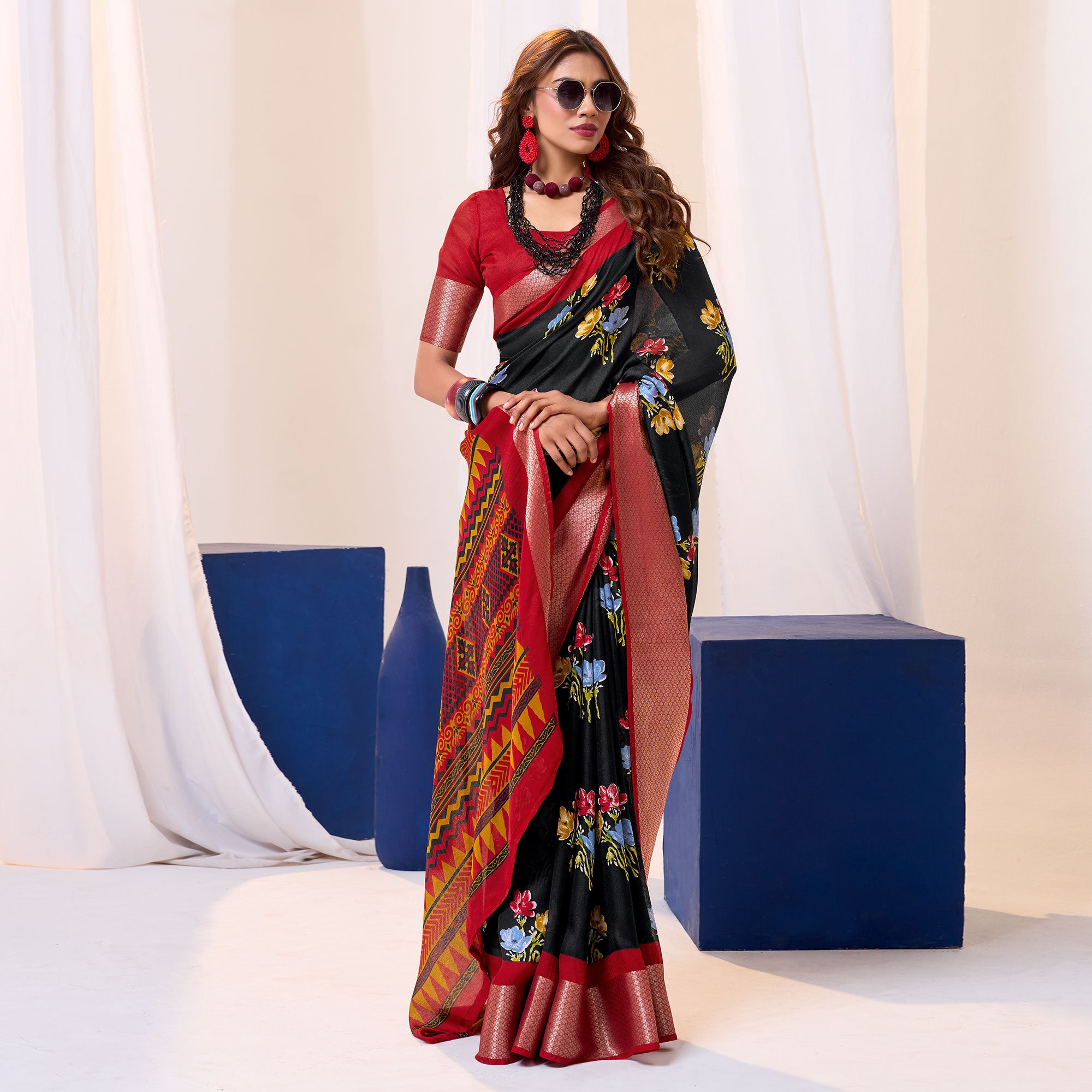 Black & Red Floral Printed Cotton Blend Saree With Woven Border