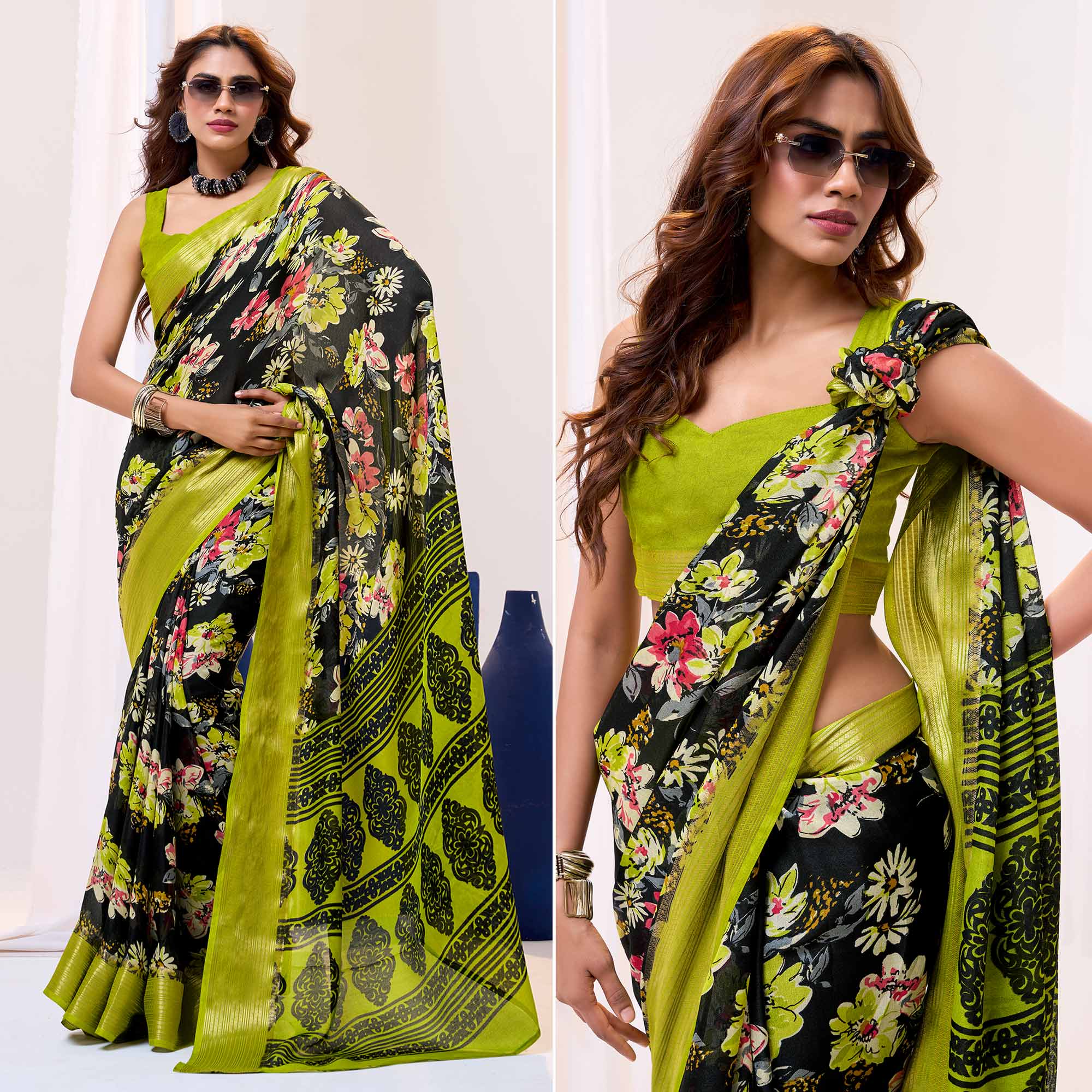 Black & Green Floral Printed Cotton Blend Saree With Woven Border