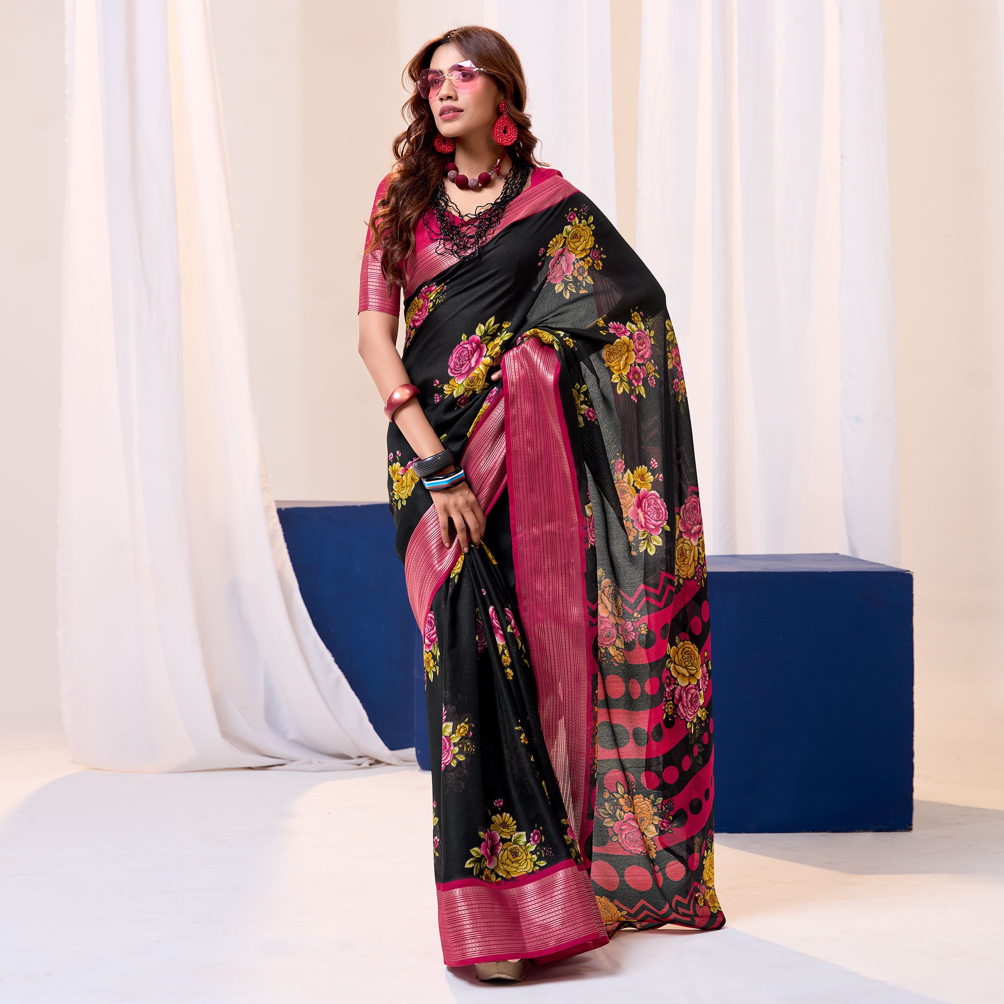 Black & Pink Floral Printed Cotton Blend Saree With Woven Border