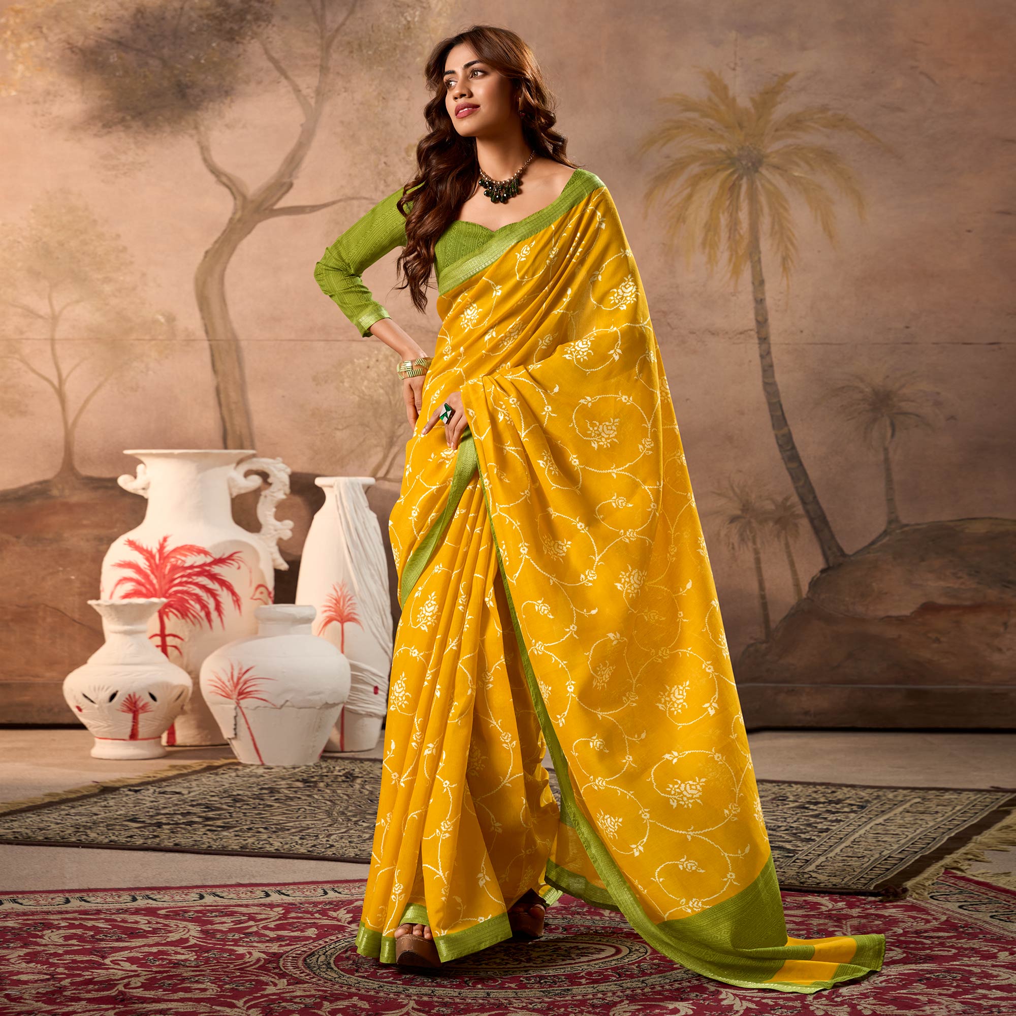 Mustard Floral Printed Pure Cotton Saree