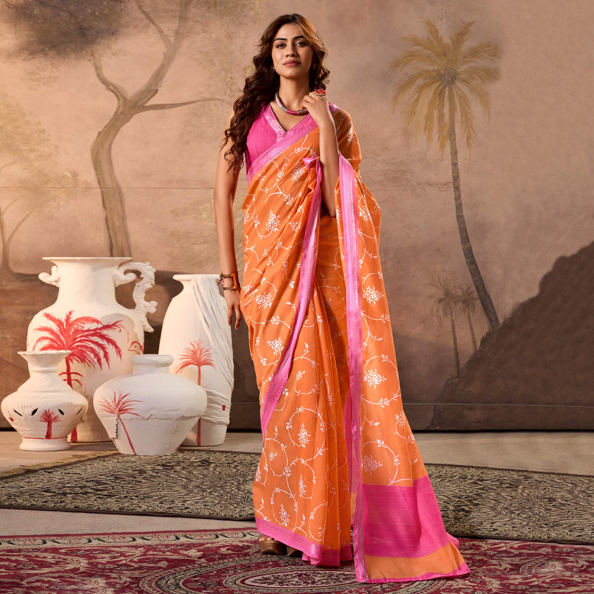 Orange Floral Printed Pure Cotton Saree