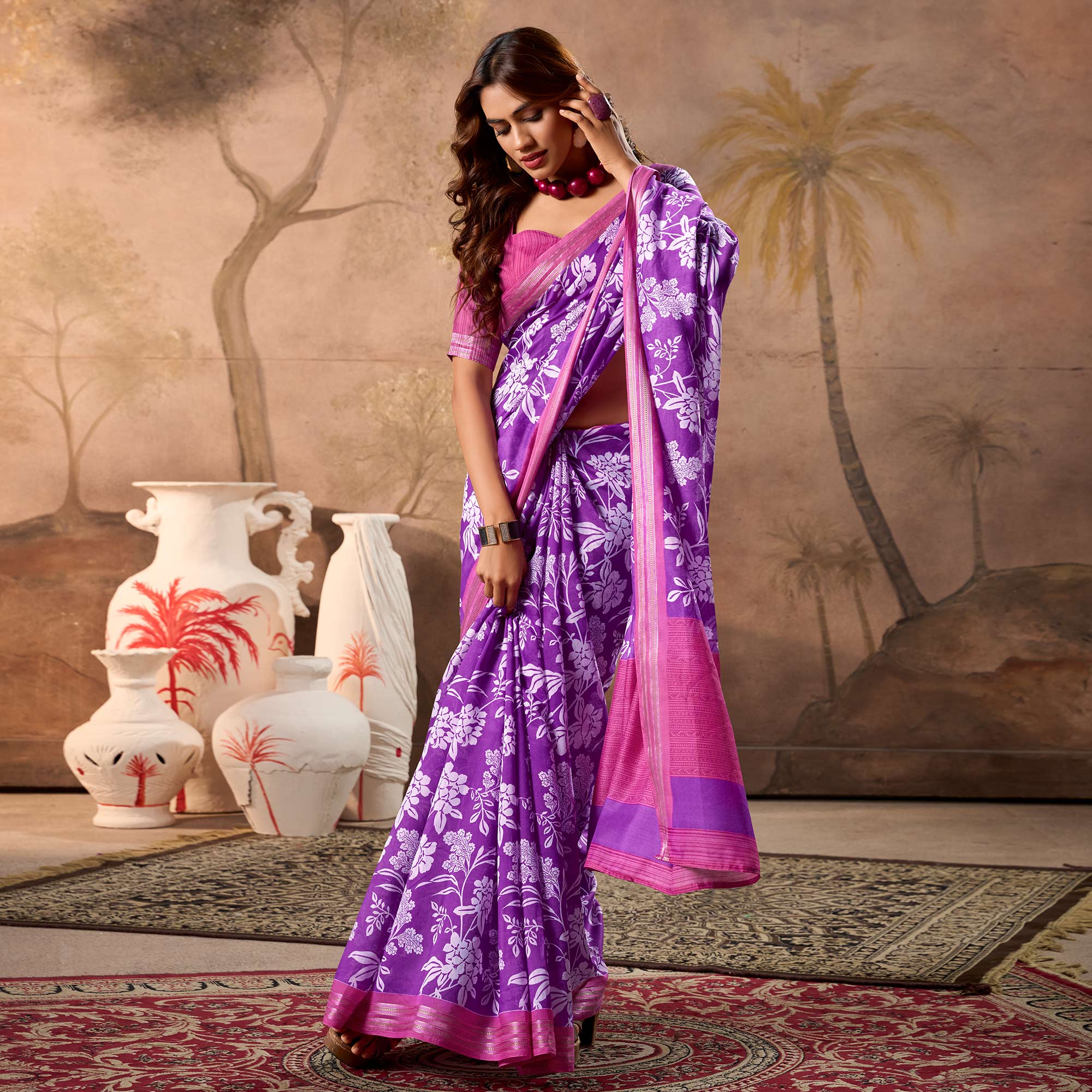 Purple Floral Printed Pure Cotton Saree