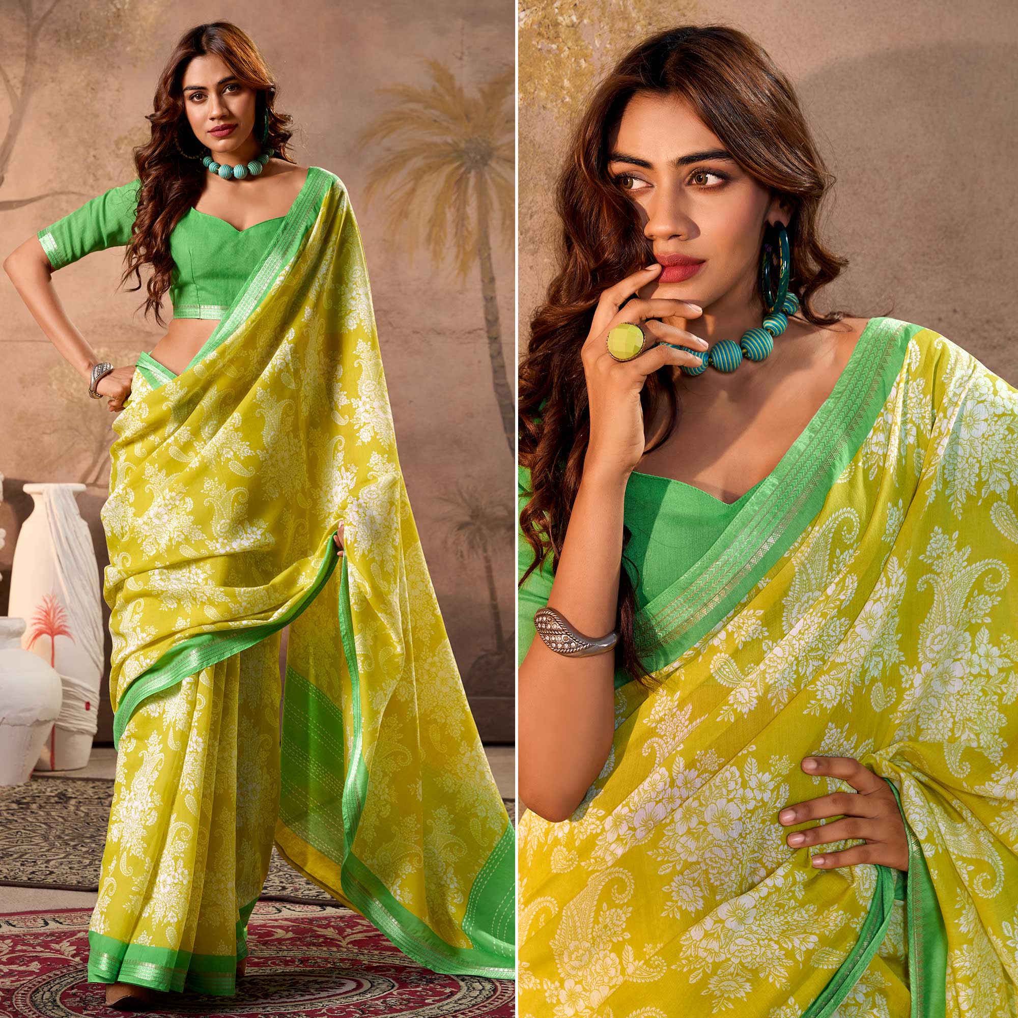 Pear Green Floral Printed Pure Cotton Saree