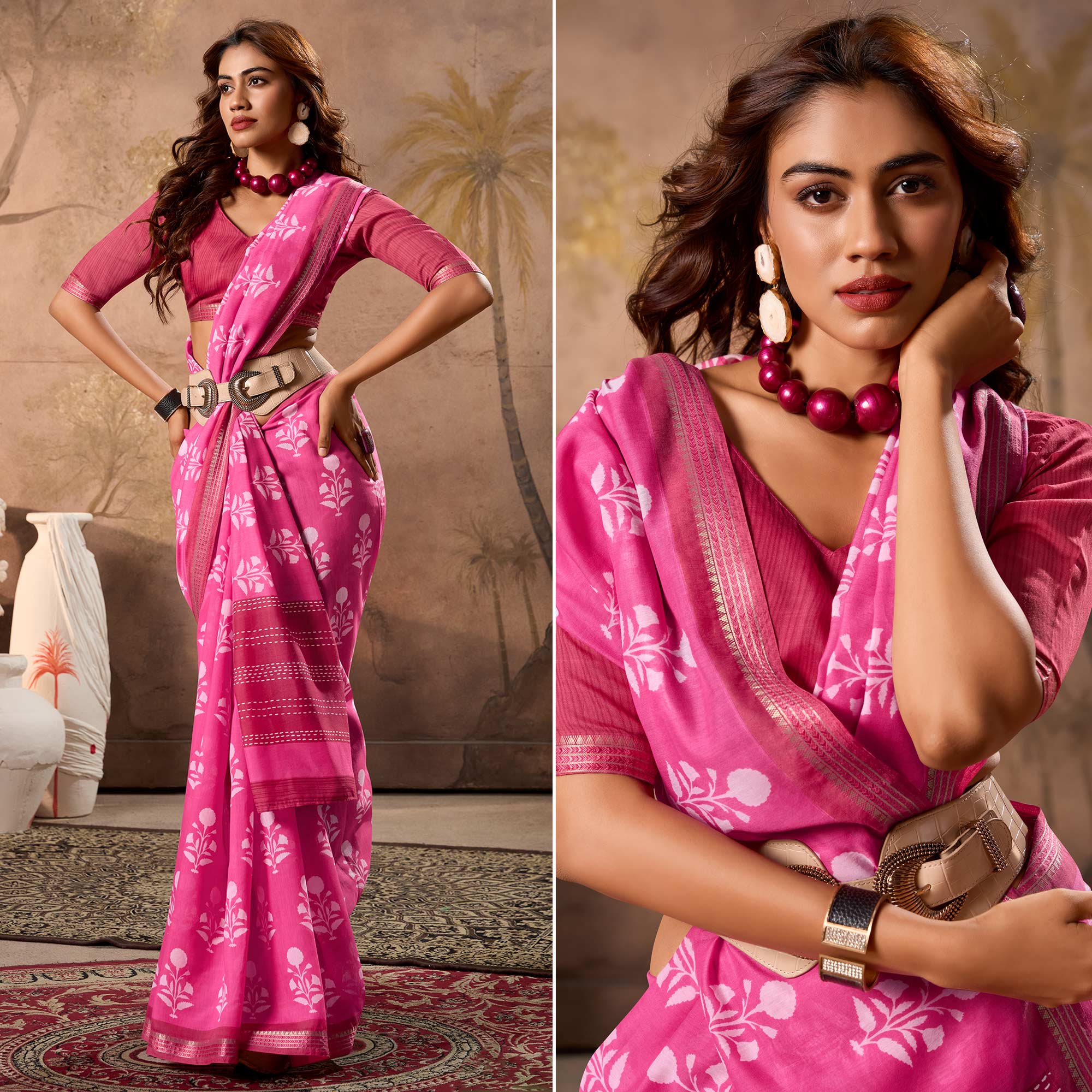 Pink Floral Printed Pure Cotton Saree