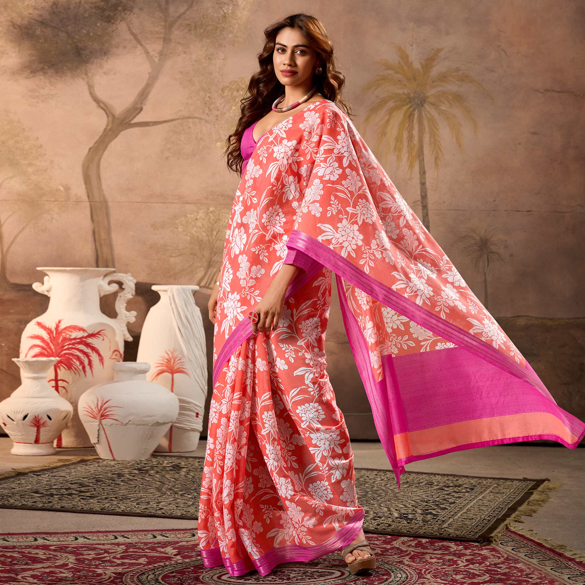 Peach Floral Printed Pure Cotton Saree