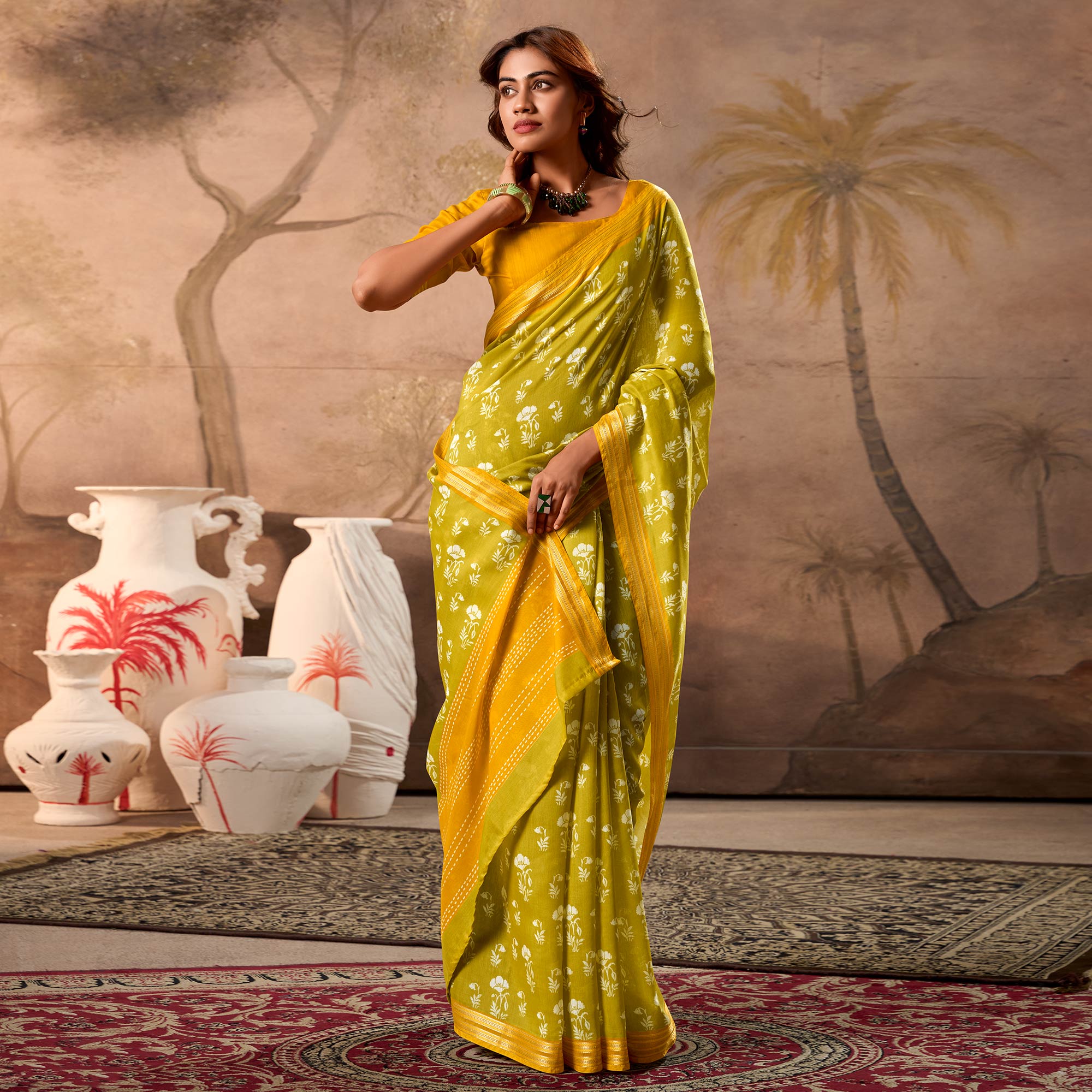 Olive Floral Printed Pure Cotton Saree