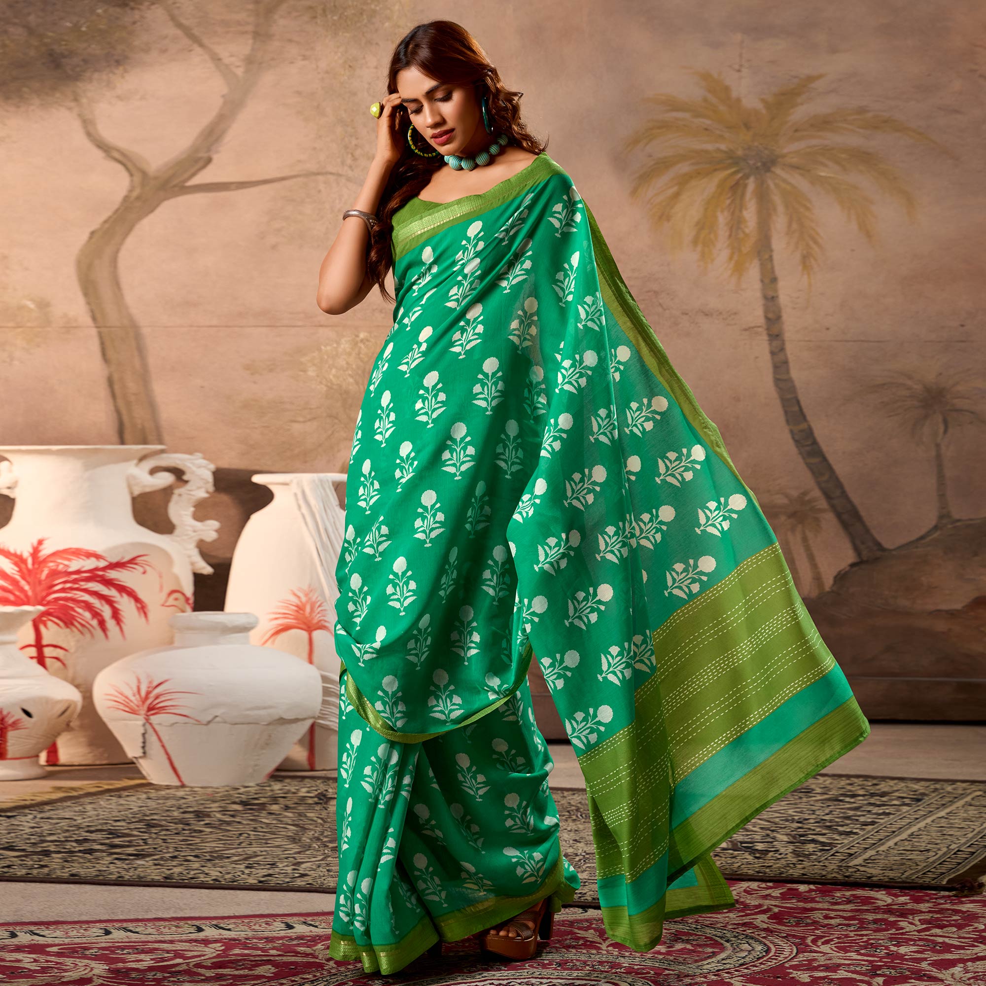 Rama Green Floral Printed Pure Cotton Saree