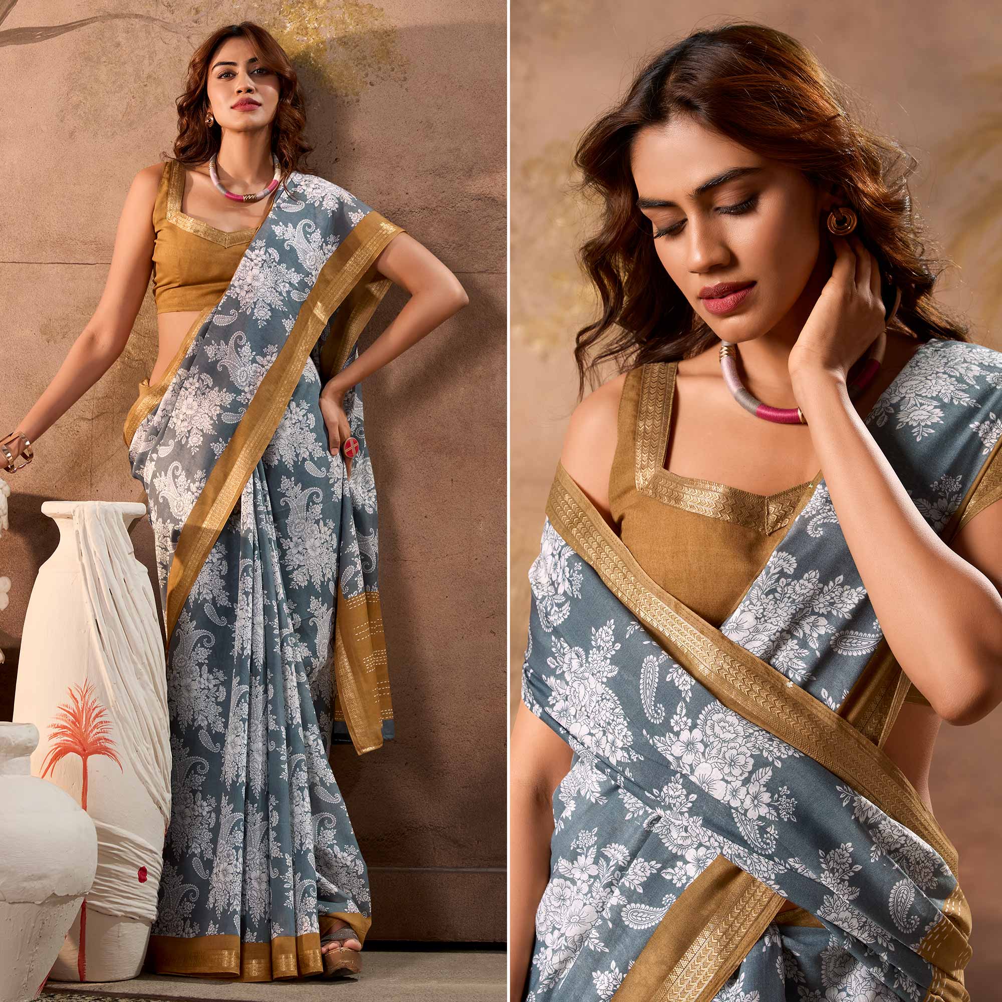 Grey Floral Printed Pure Cotton Saree