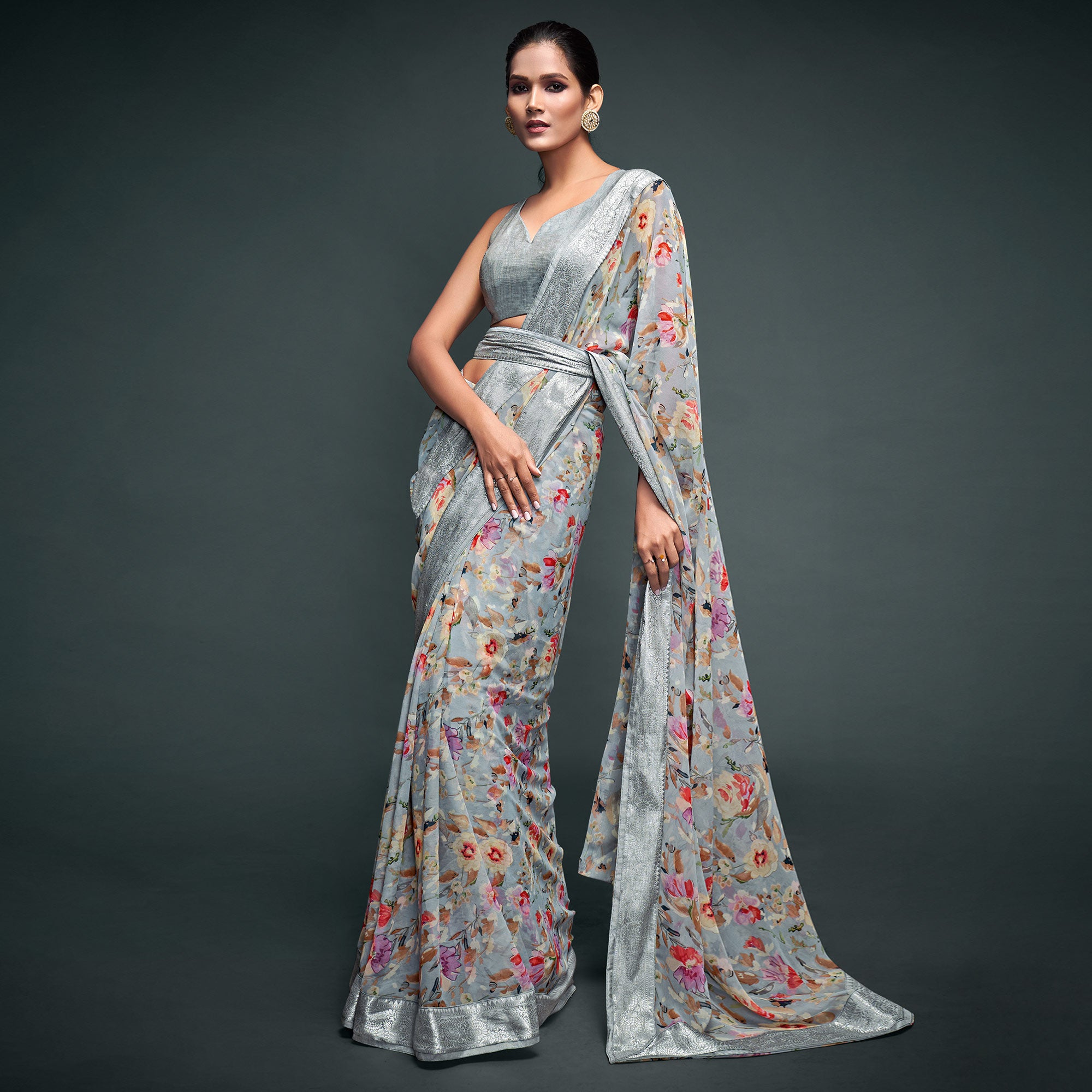 Grey Floral Printed Georgette Saree