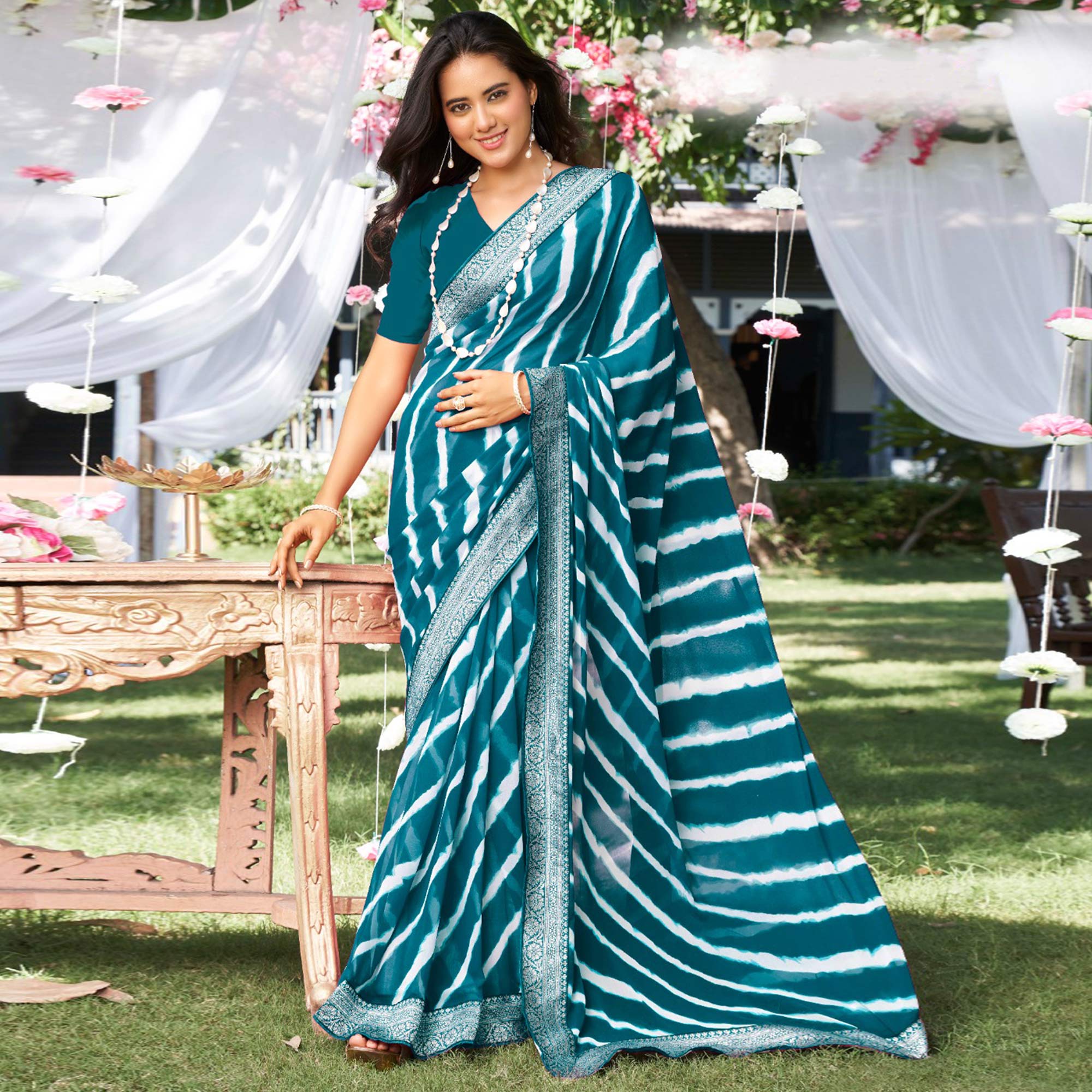Blue Leheriya Printed With Woven Border Georgette Saree