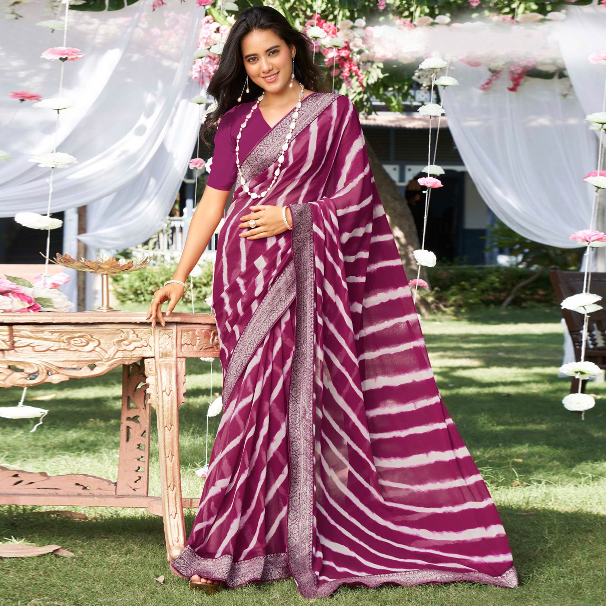 Purple Leheriya Printed With Woven Border Georgette Saree