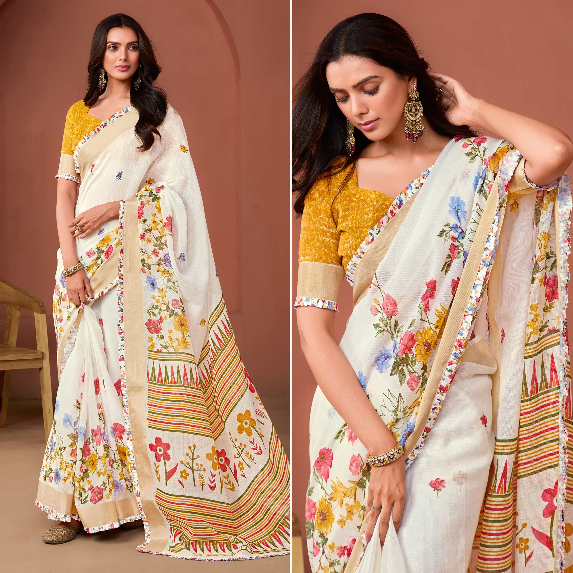 Off White Floral Printed Pure Cotton Saree