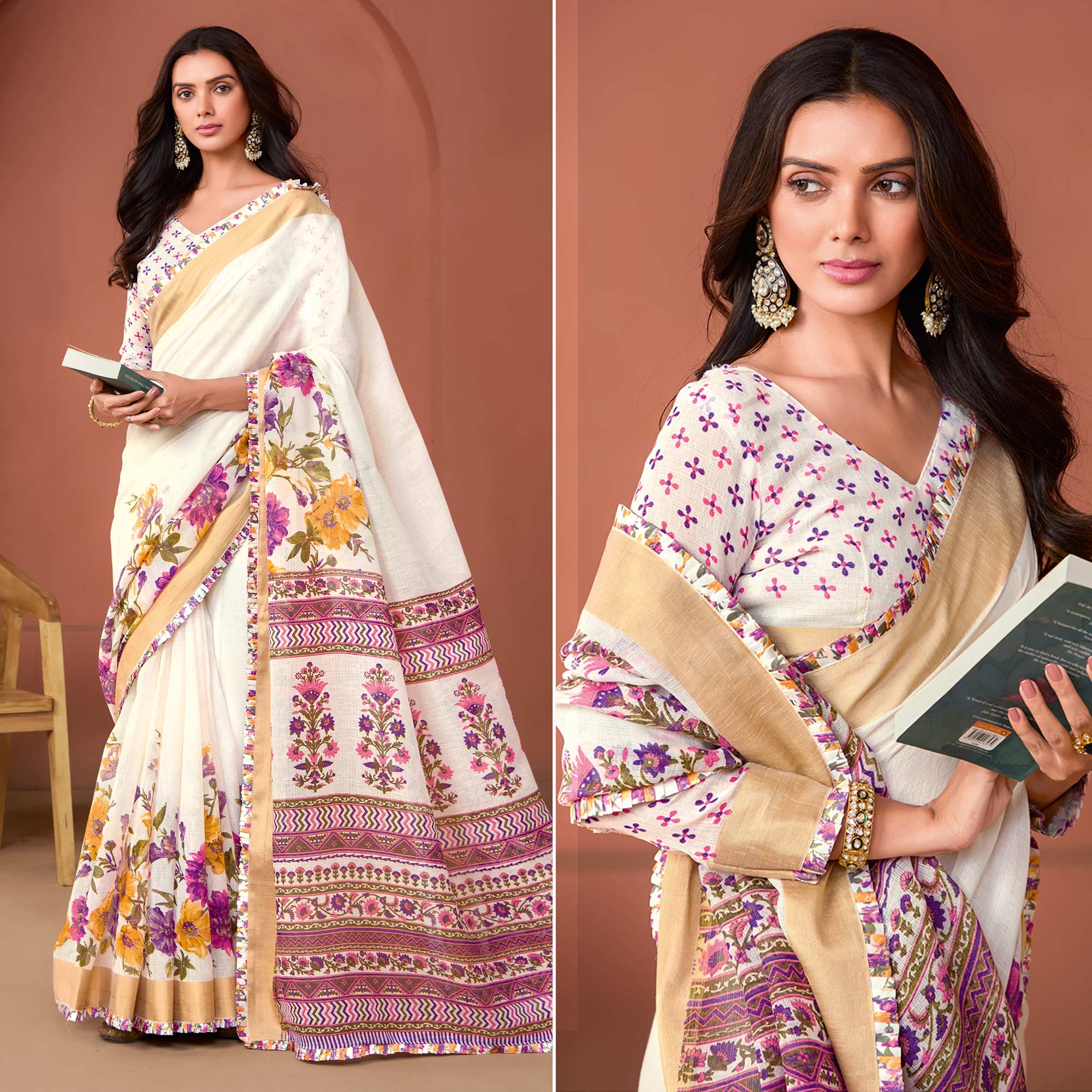 Off White Floral Printed Pure Cotton Saree