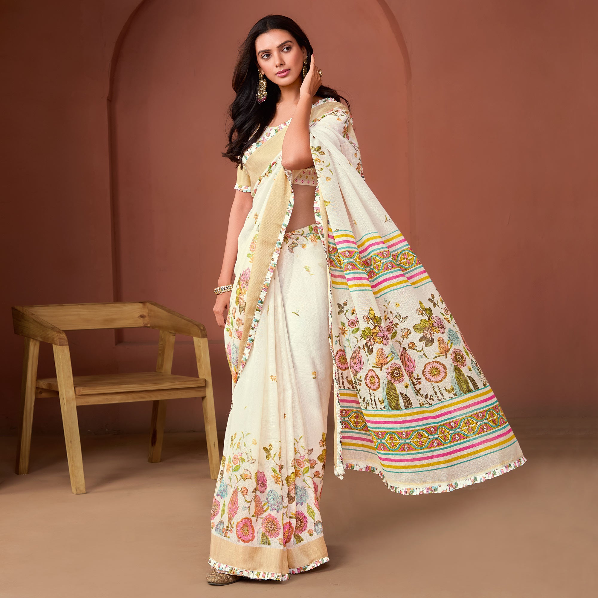 Off White Floral Printed Pure Cotton Saree