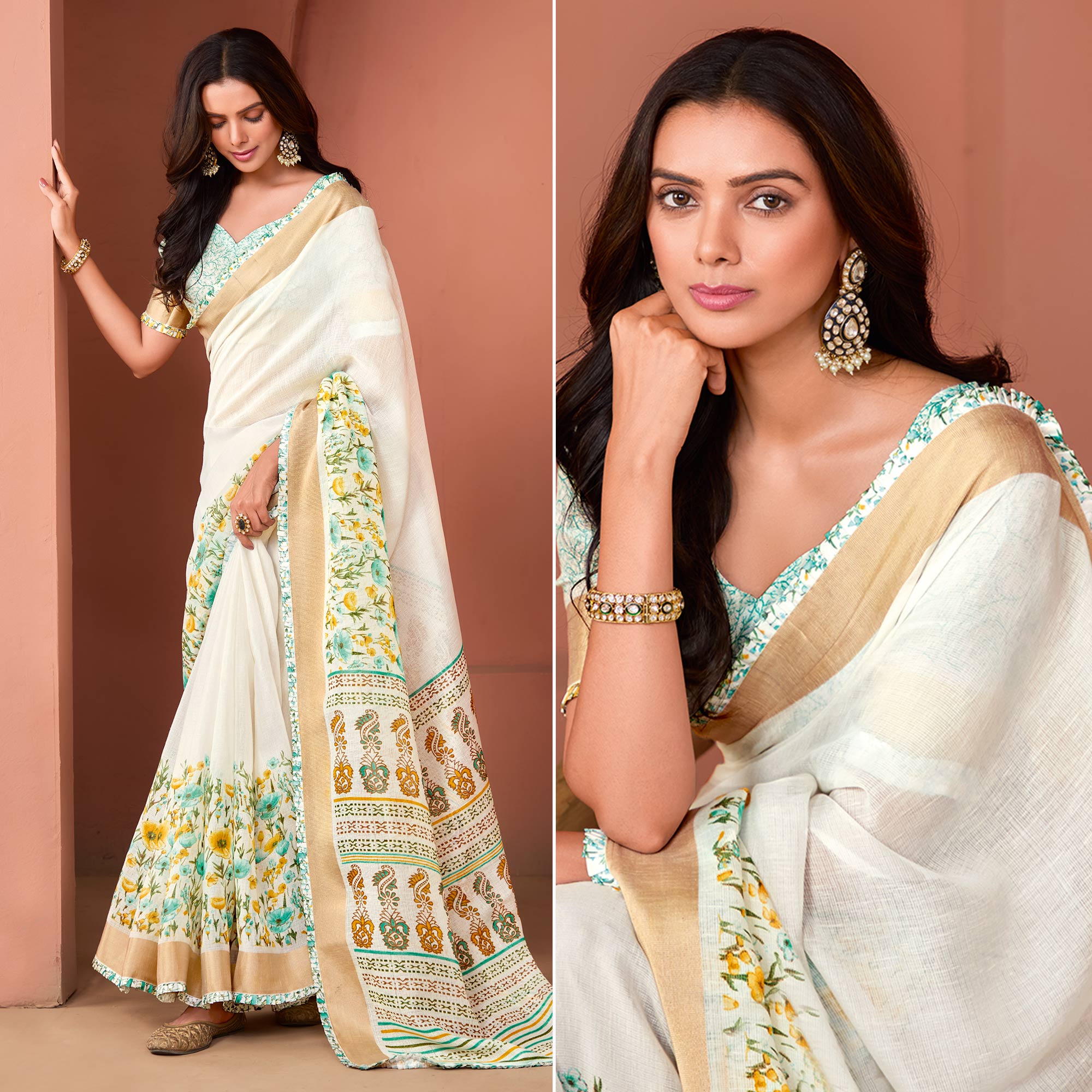 Off White Floral Printed Pure Cotton Saree