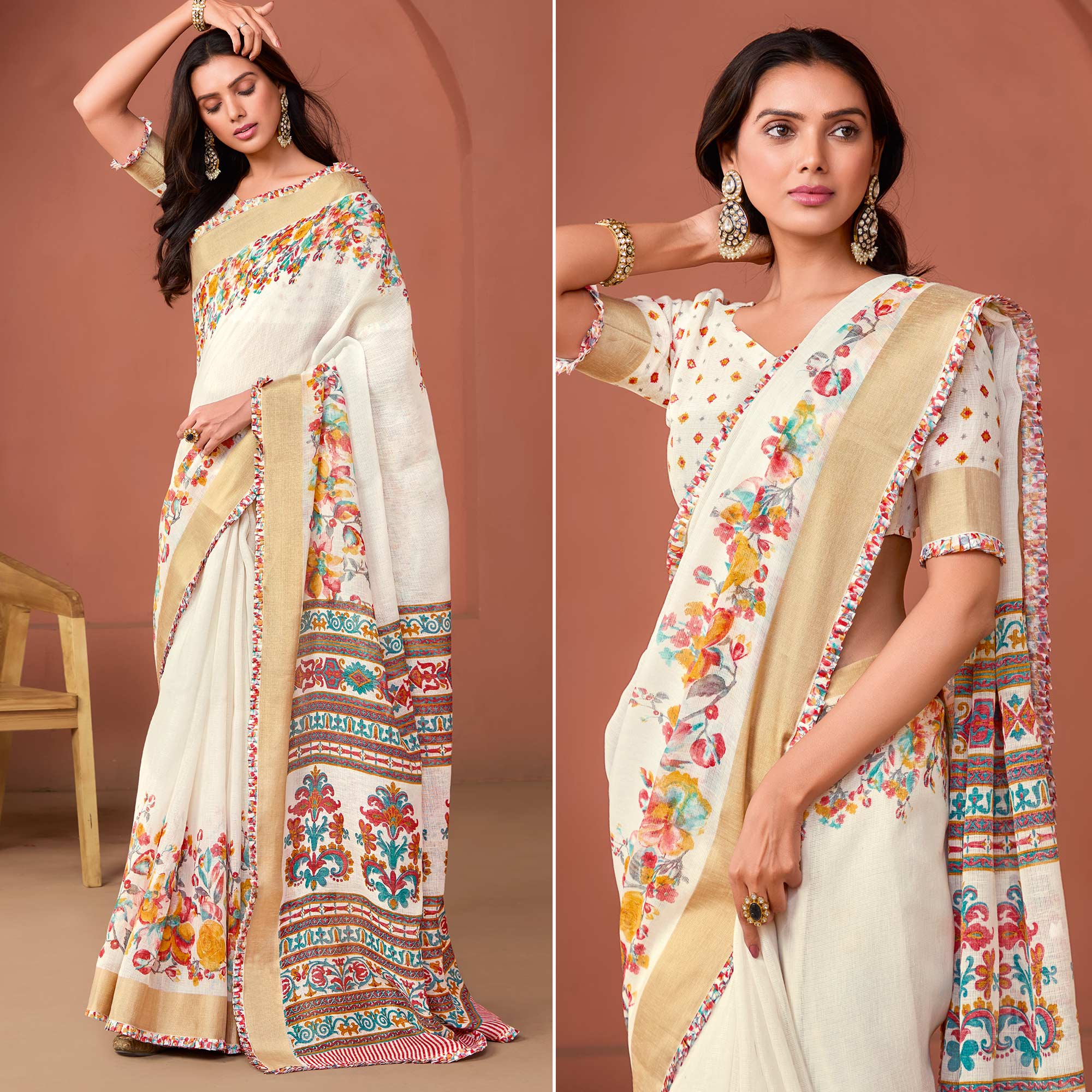 Off White Floral Printed Pure Cotton Saree