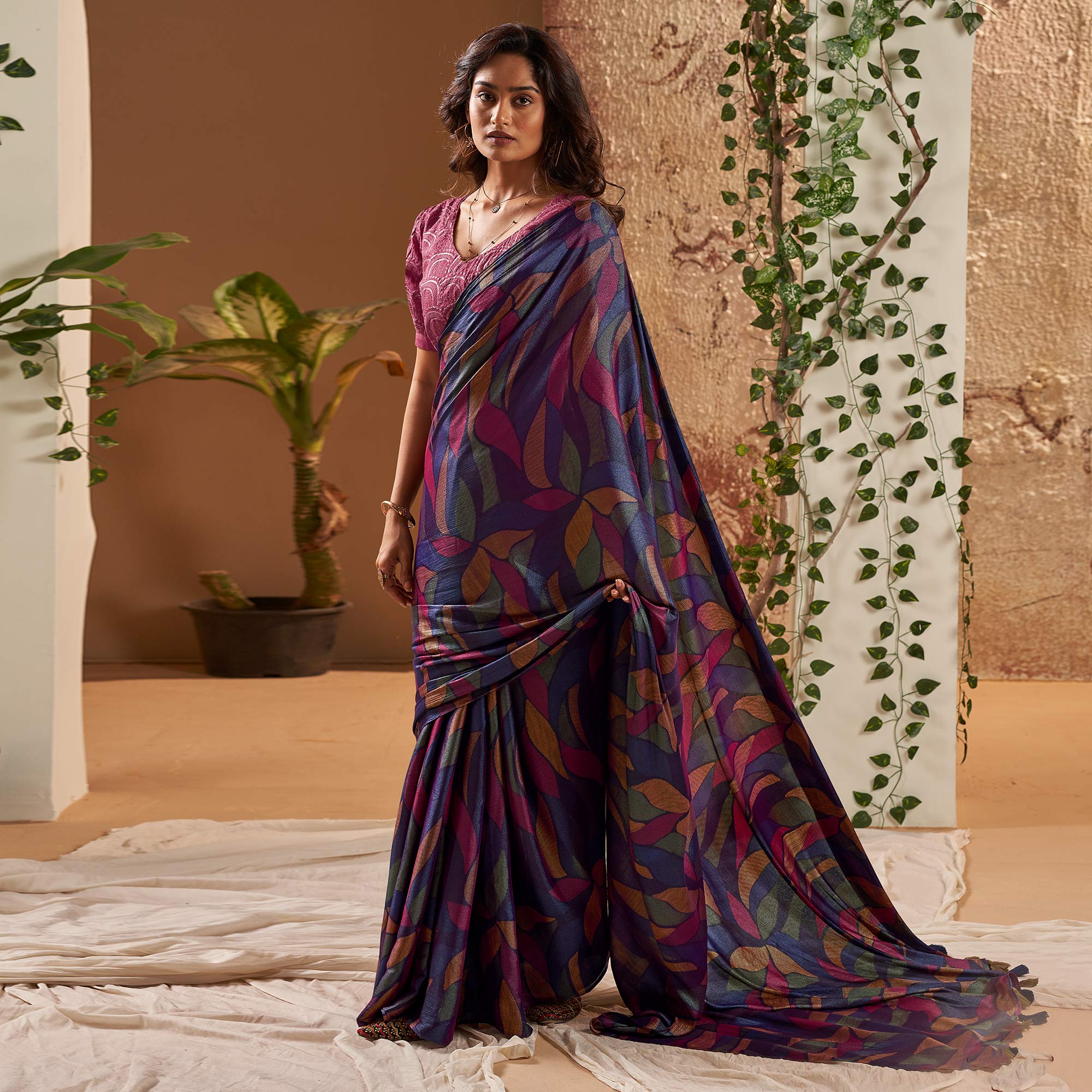 Purple Printed Nylon Saree With Tassels