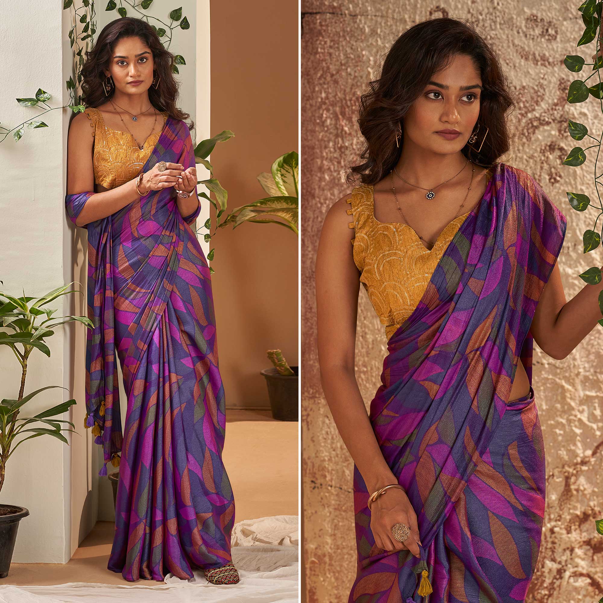 Purple Printed Nylon Saree With Tassels