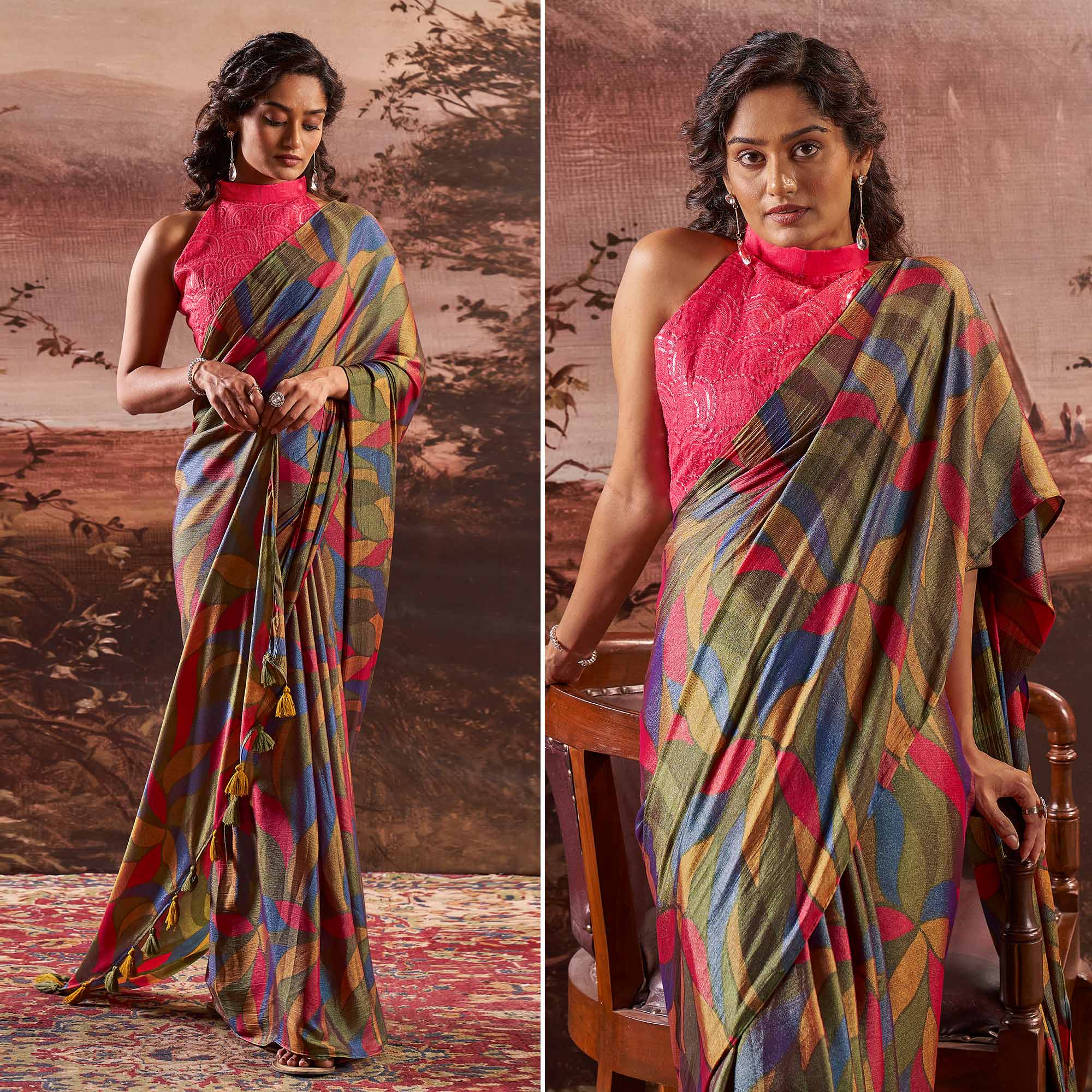 Olive Green Printed Nylon Saree With Tassels