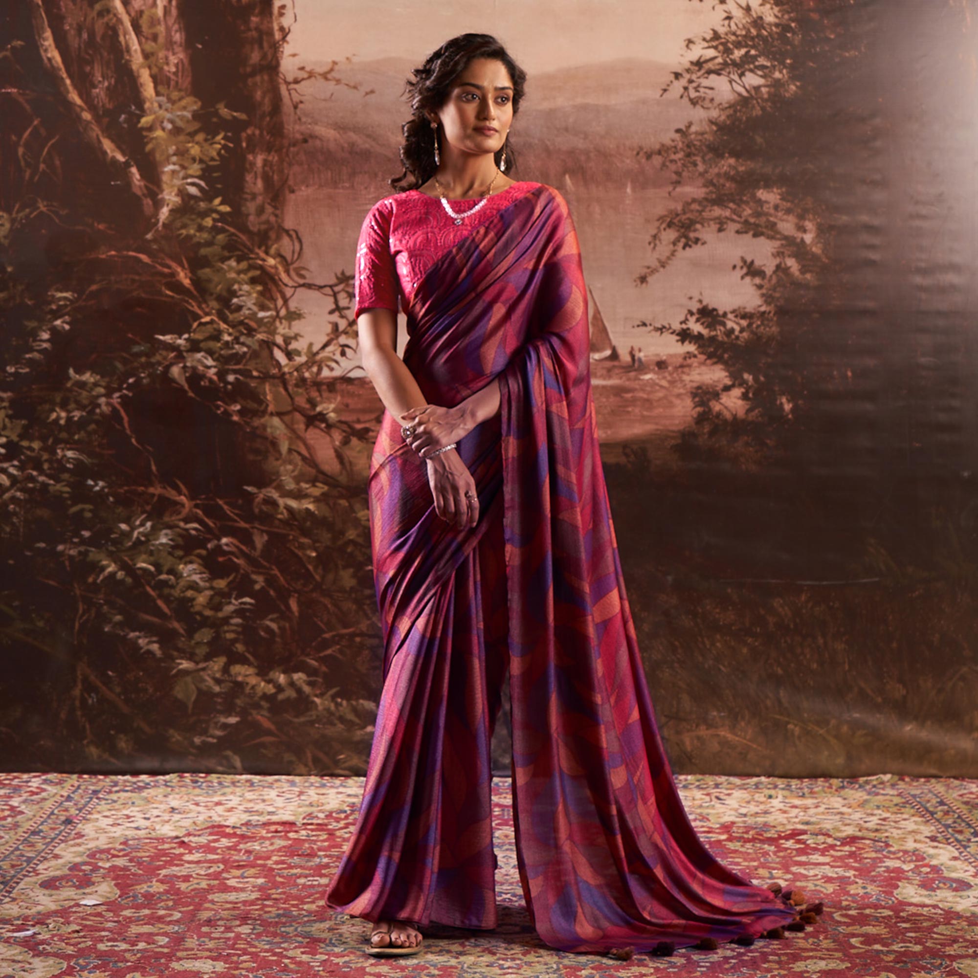Purple Printed Nylon Saree With Tassels