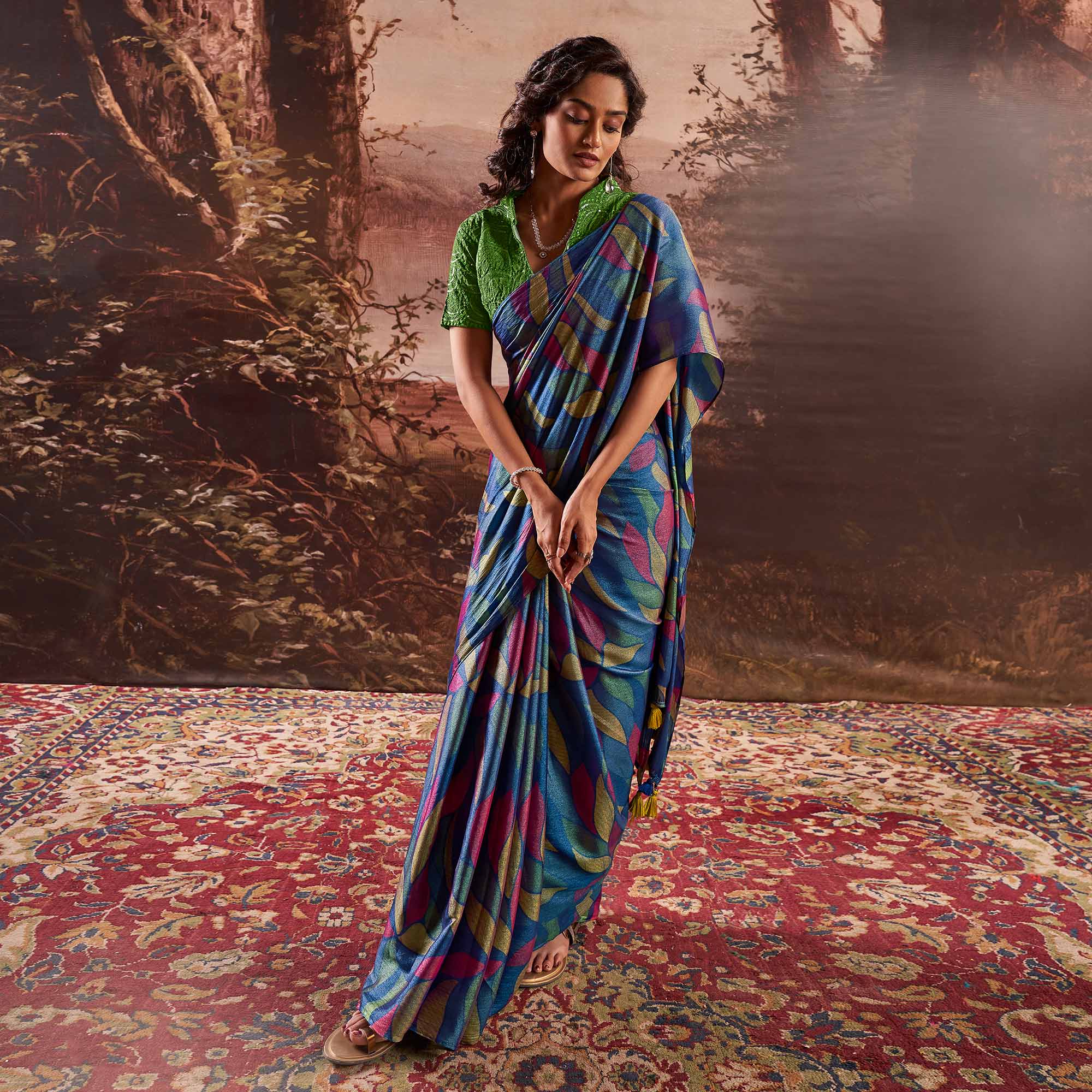 Blue Printed Nylon Saree With Tassels