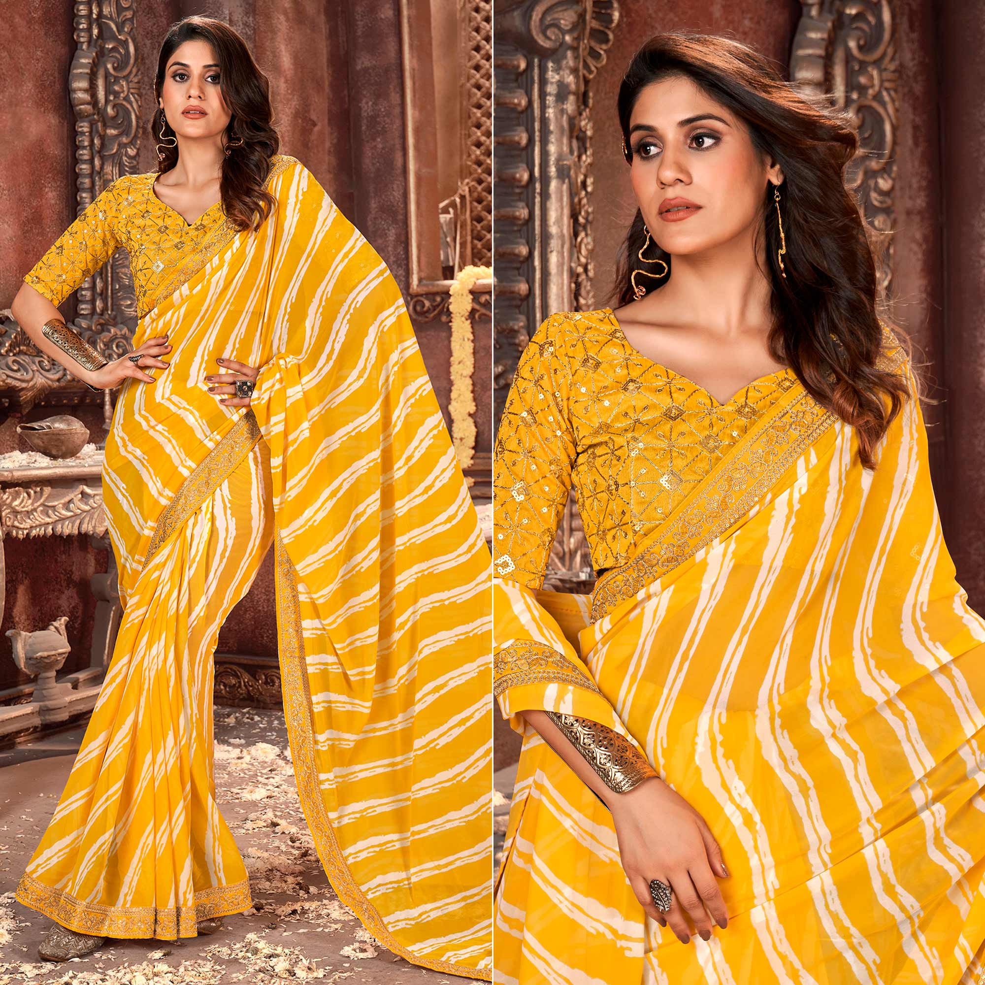Yellow Striped Printed Georgette Saree