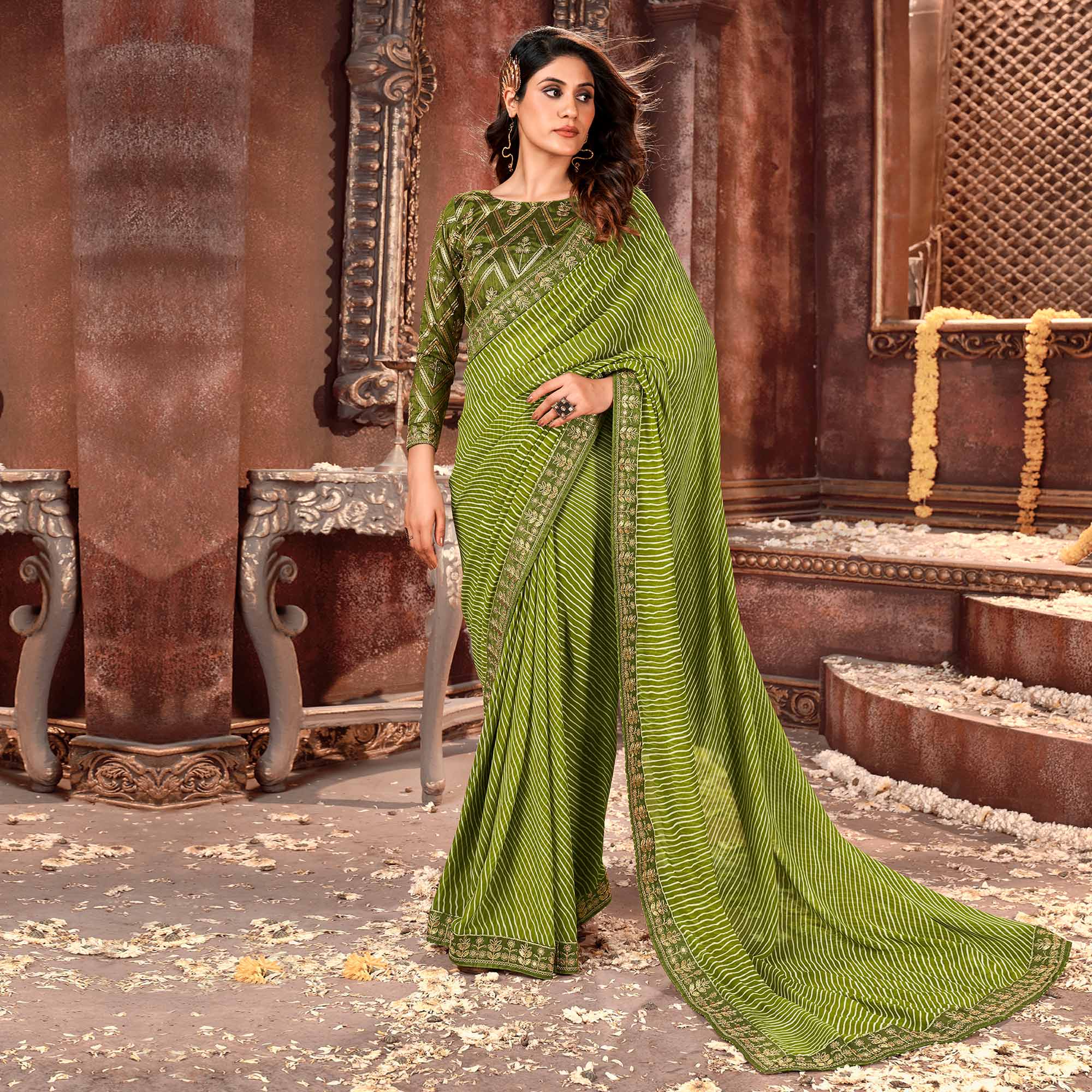 Green Striped Printed Georgette Saree