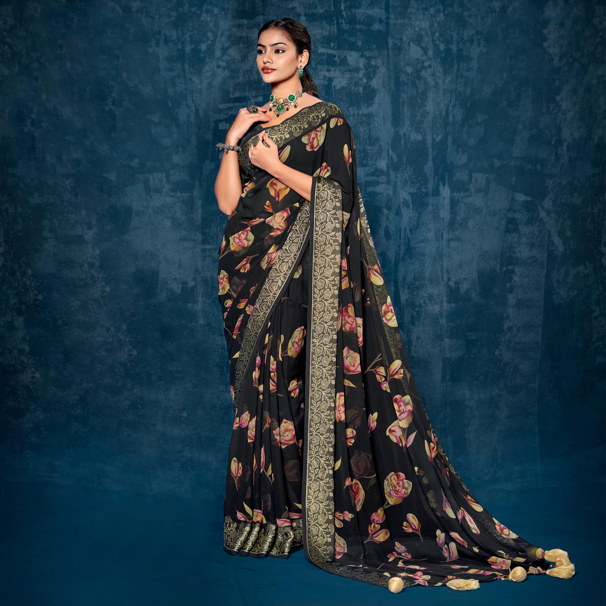 Black Floral Printed Georgette Saree With Viscose Border