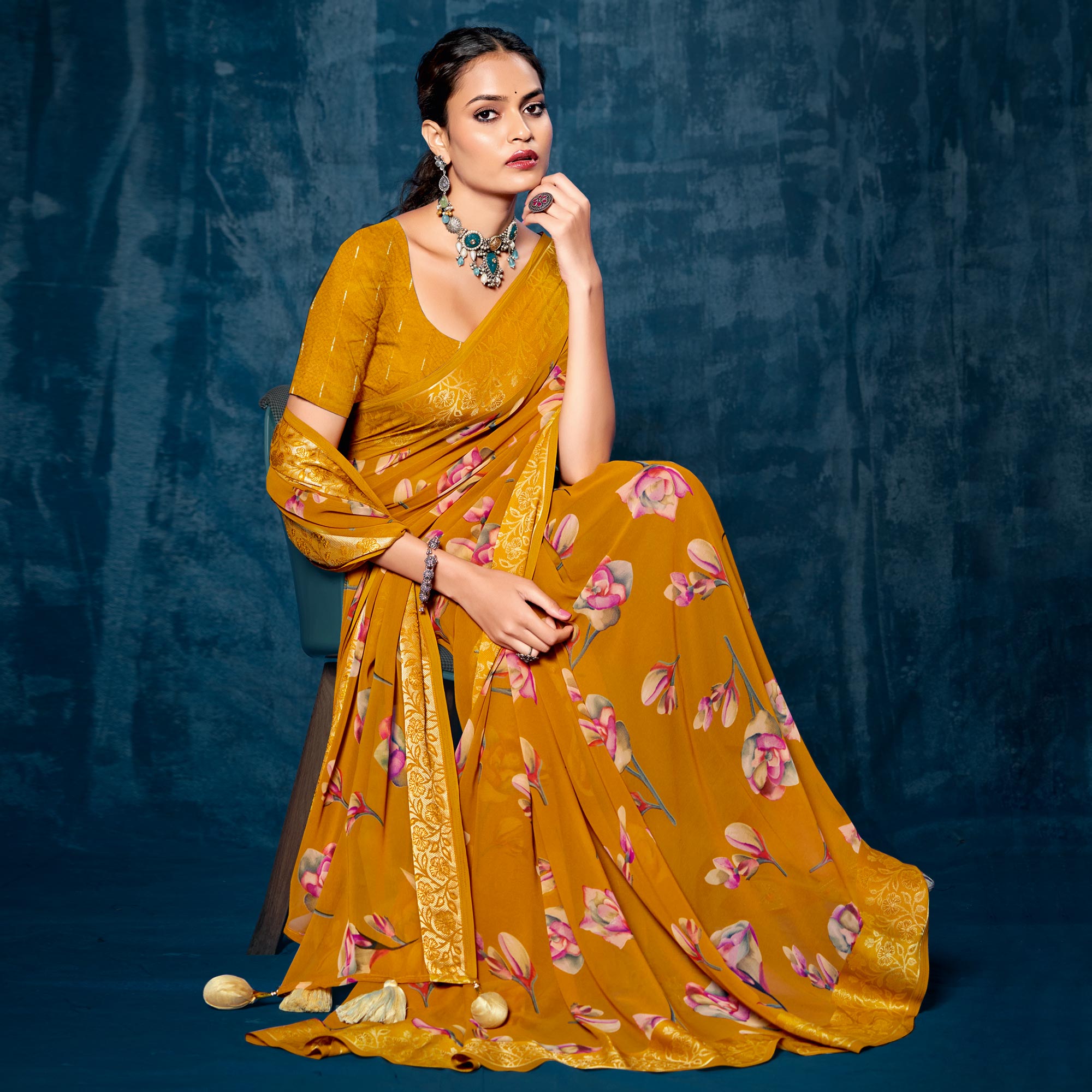 Mustard Floral Printed Georgette Saree With Viscose Border