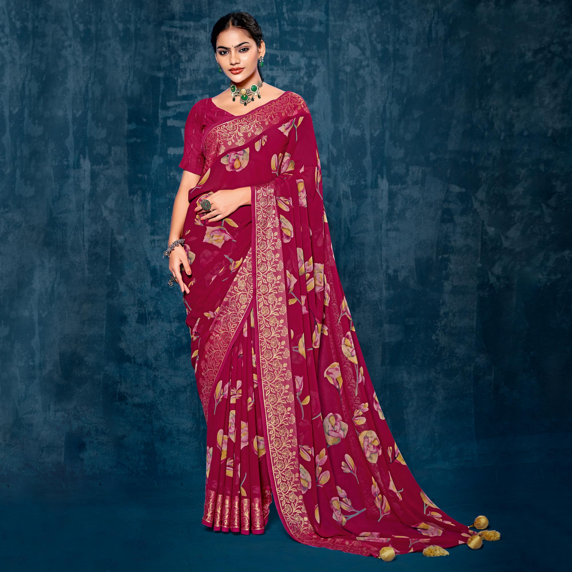 Magenta Floral Printed Georgette Saree With Viscose Border