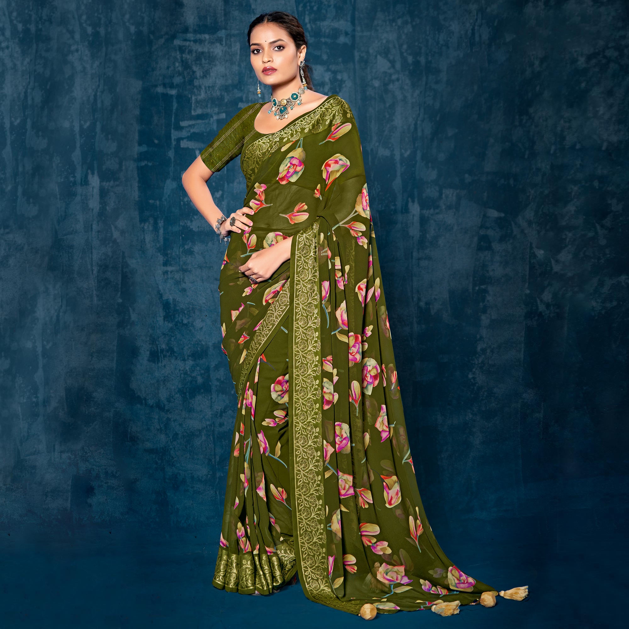 Green Floral Printed Georgette Saree With Viscose Border