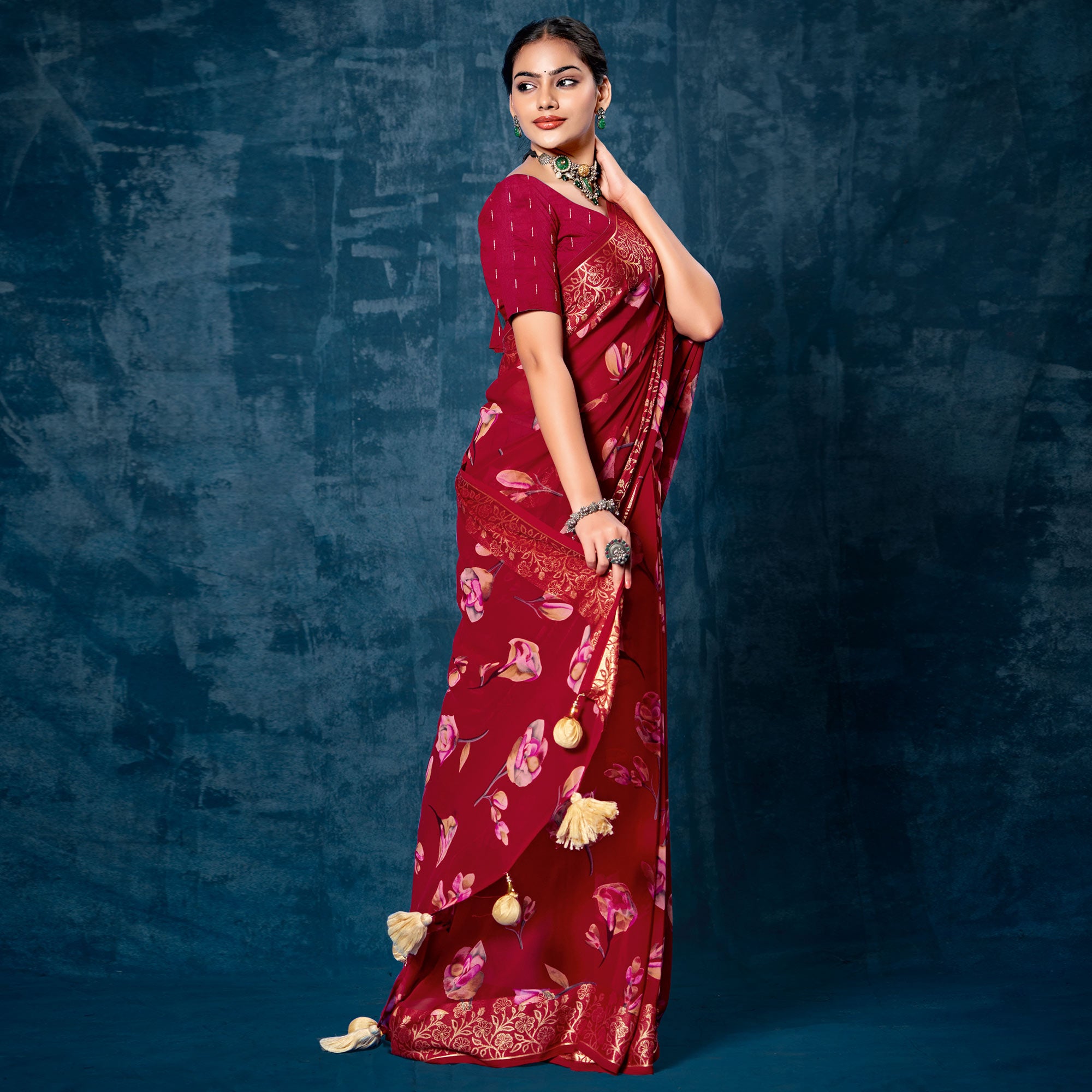 Maroon Floral Printed Georgette Saree With Viscose Border