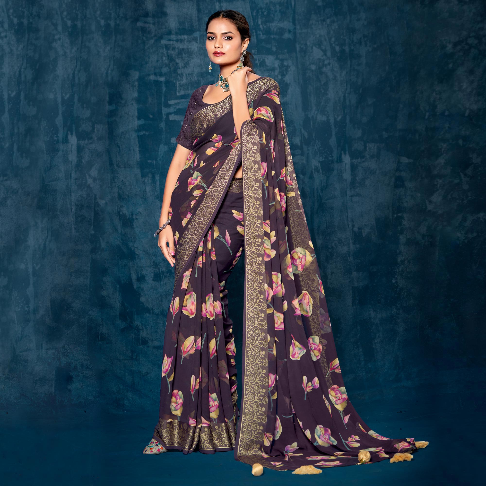 Wine Floral Printed Georgette Saree With Viscose Border